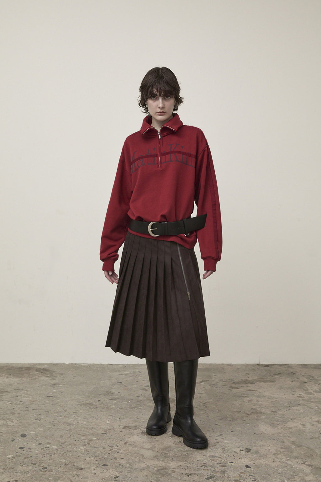 Matin Kim - Side Zipper Pleats Midi Skirt (Dark Brown) product image 6 | TRAB K-Fashion Australia