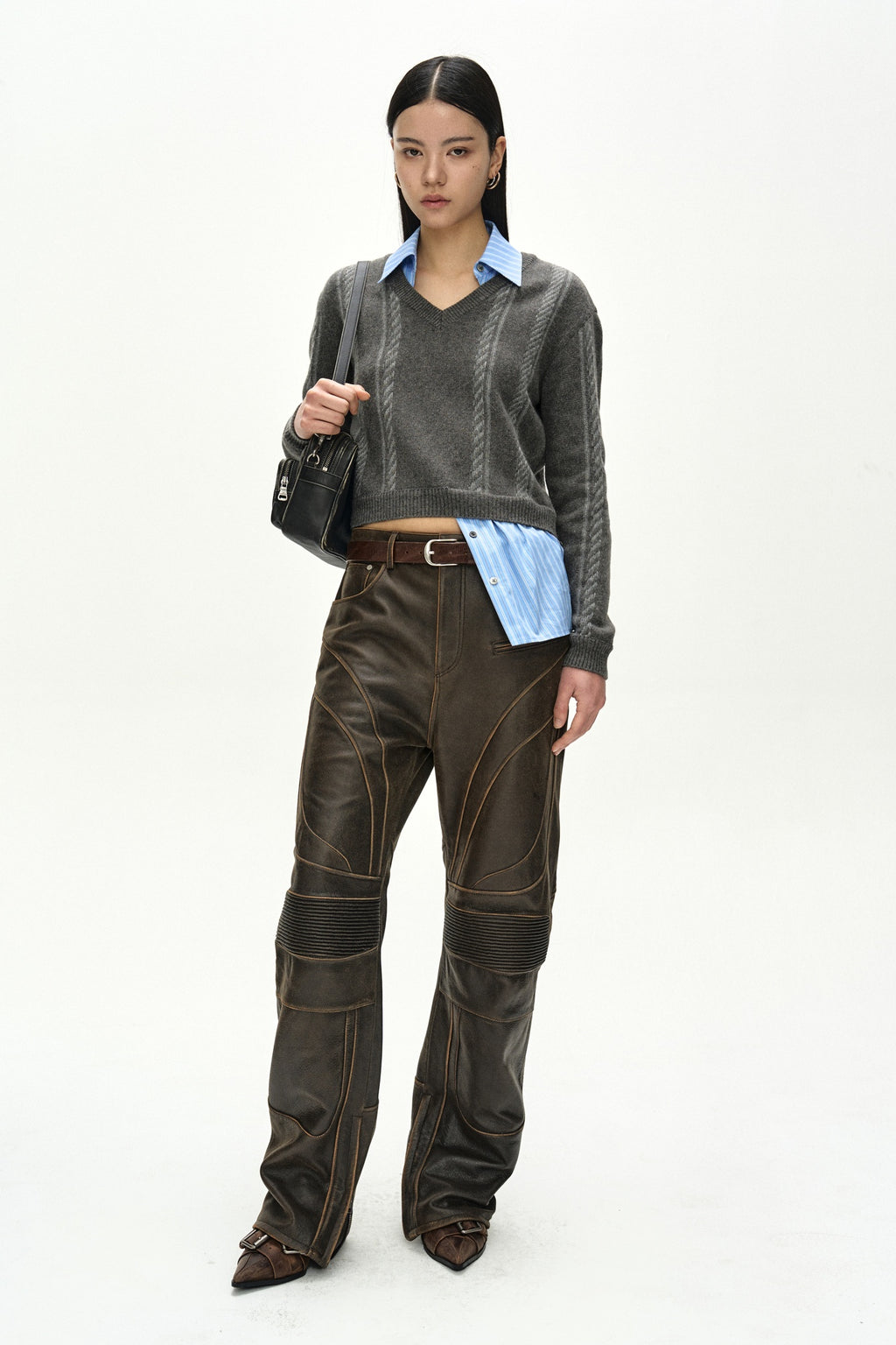Andersson Bell - Leather Articulated Panel Jeans (Brown) product image 3 | TRAB K-Fashion Australia