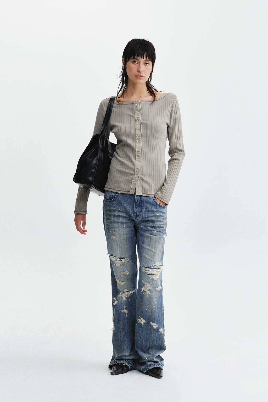 Matin Kim - Vintage Washed Ribbed Snap Top (Light Khaki) product image 10 | TRAB K-Fashion Australia