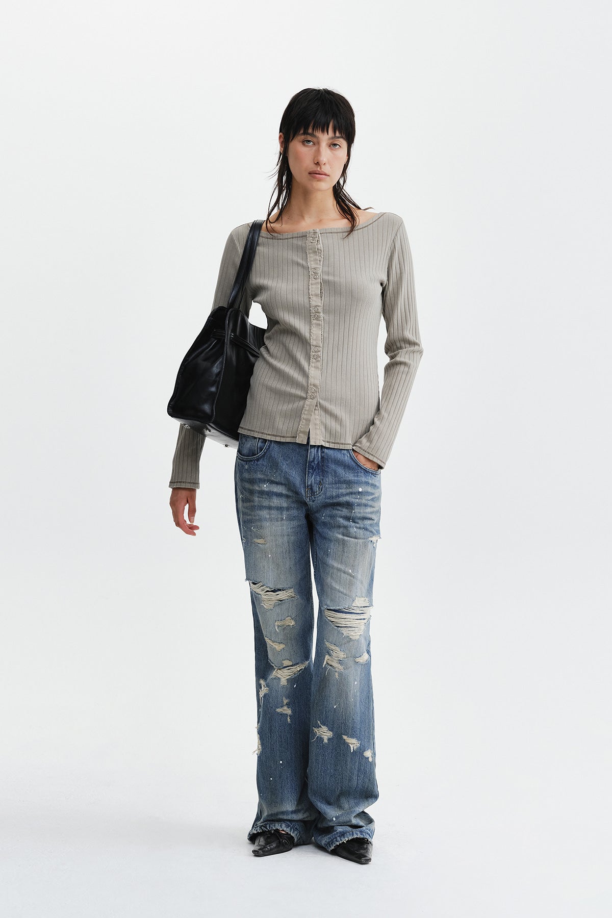Matin Kim - Vintage Washed Ribbed Snap Top (Light Khaki) product image 10 | TRAB K-Fashion Australia
