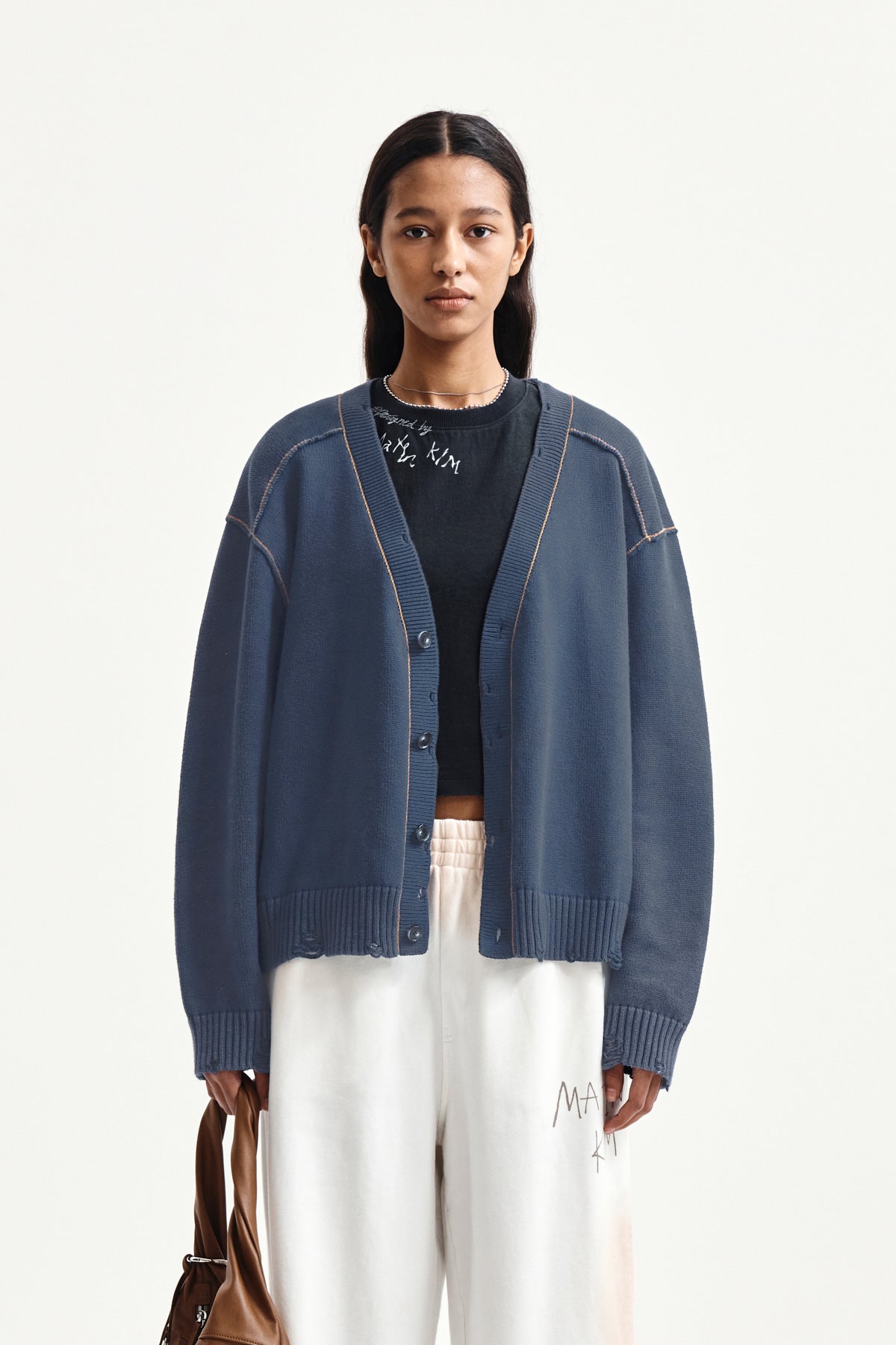 Matin Kim - Back Logo Line Point Knit Cardigan (Smoke Blue) product image 16 | TRAB K-Fashion Australia