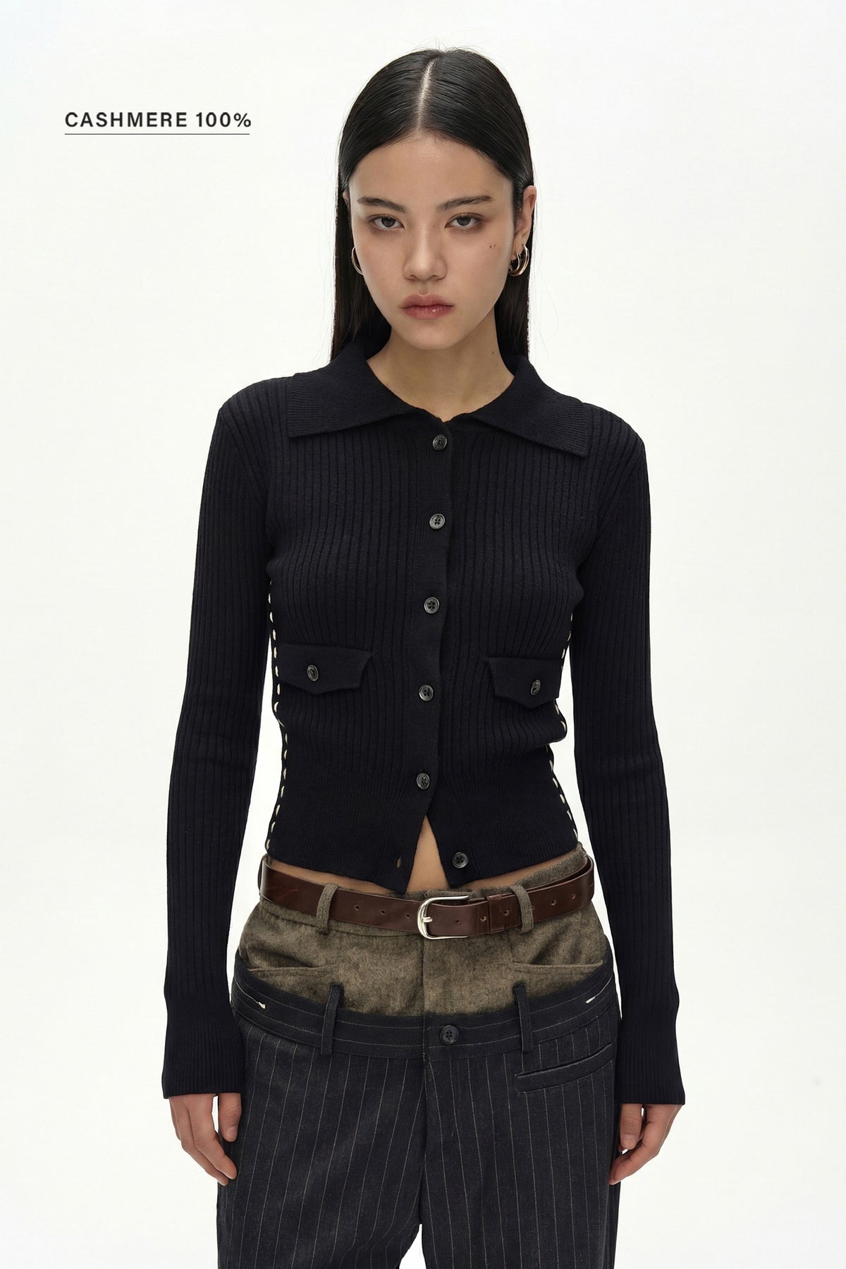 Andersson Bell - Cashmere Hand Stitched Rib Cardigan (Black) product image 1 | TRAB K-Fashion Australia