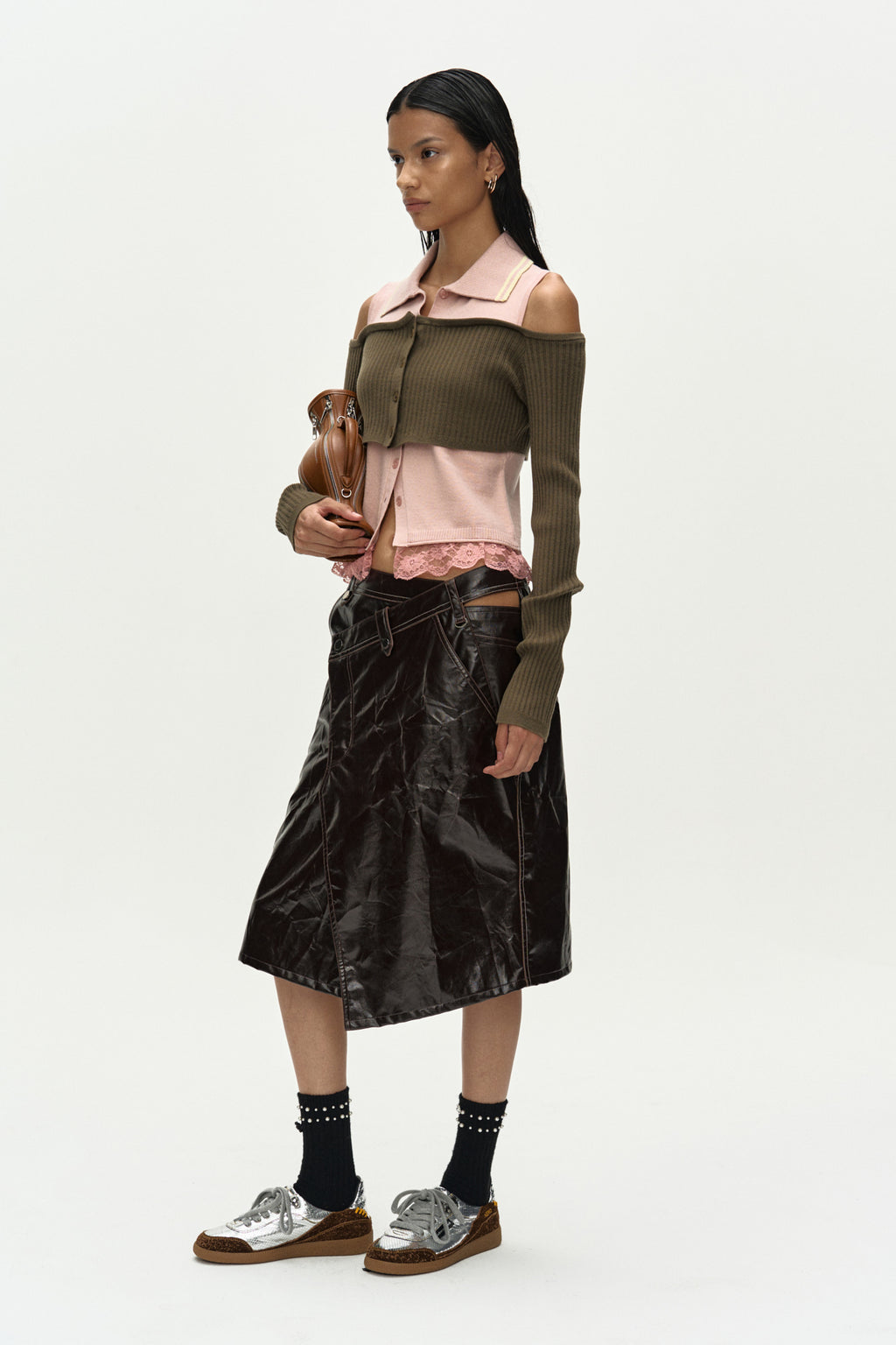 Andersson Bell - Layered Off-Shoulder Collar Top (Khaki/Pink) product image 3 | TRAB K-Fashion Australia