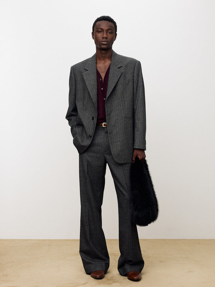 Tonywack - Herringbone Wool Wide-Leg Pleated Trousers (Mid-Grey Herringbone) product image 1 | TRAB K-Fashion Australia