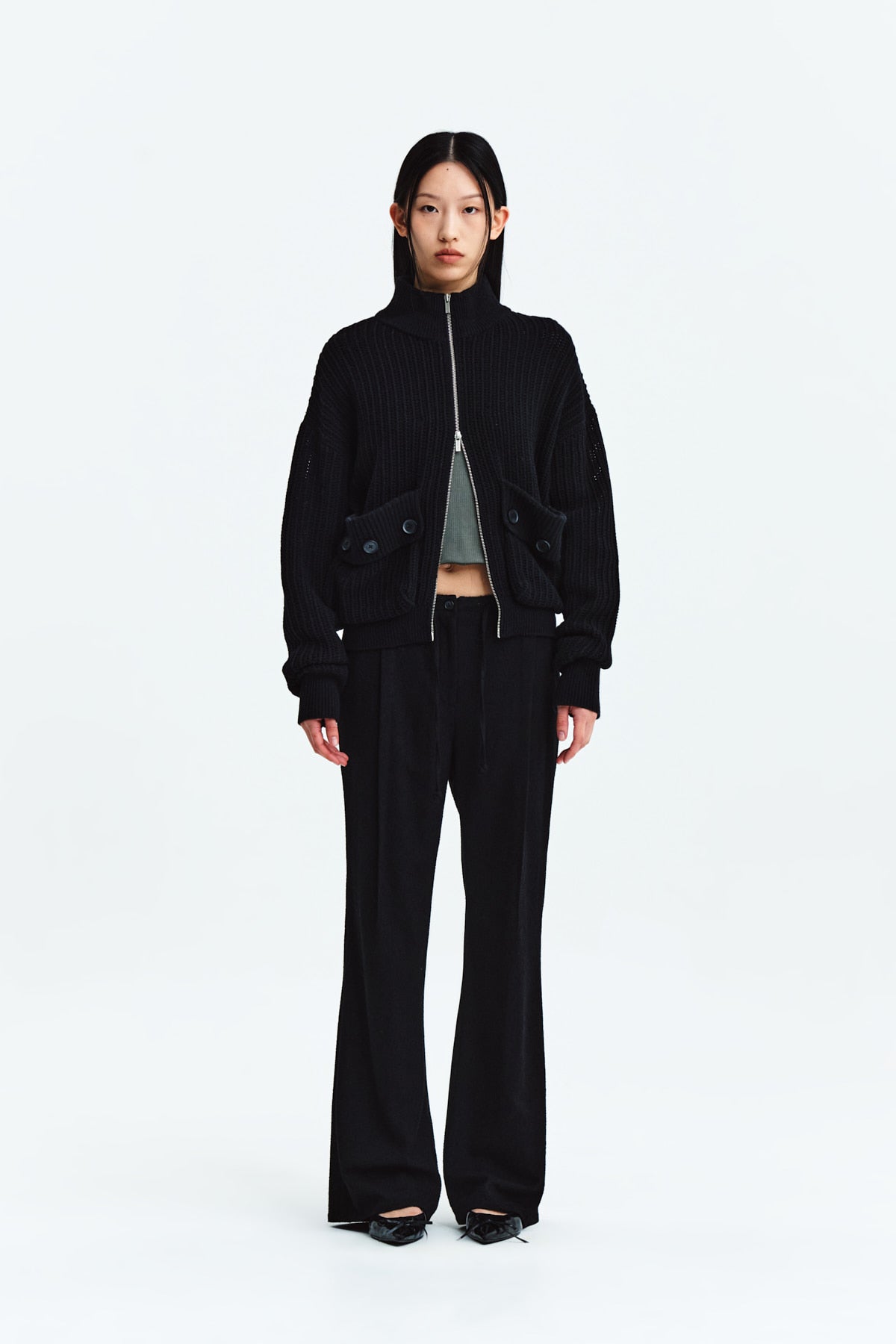 Matin Kim - Waist Button Point String Slim Pants (Black) product image 5 | TRAB K-Fashion Australia