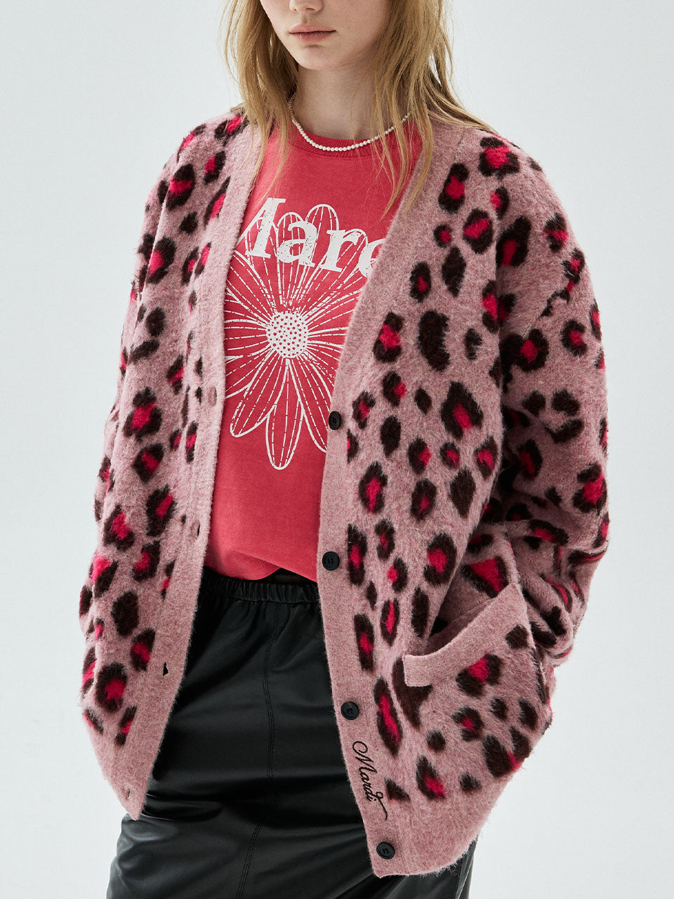 Mardi Mercredi - Wool Blend Hairy Cardigan Leopard (Pink) product image 1 | TRAB K-Fashion Australia