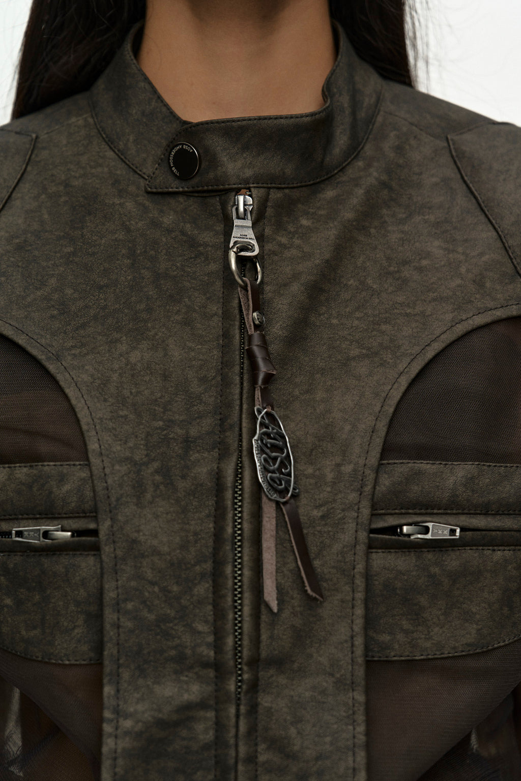 Andersson Bell - Kelly Faux-Leather & Sheer Rider Jacket (Khaki) product image 6 | TRAB K-Fashion Australia