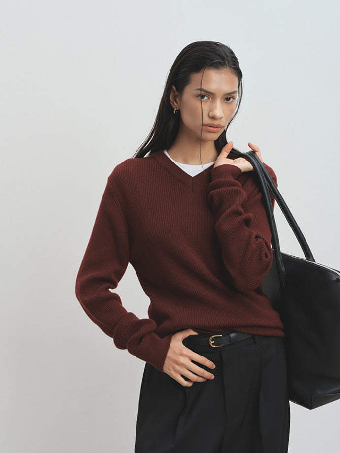 Tonywack - Super Fine Wool Ribbed V-Neck Sweater (Maroon) product image 5 | TRAB K-Fashion Australia
