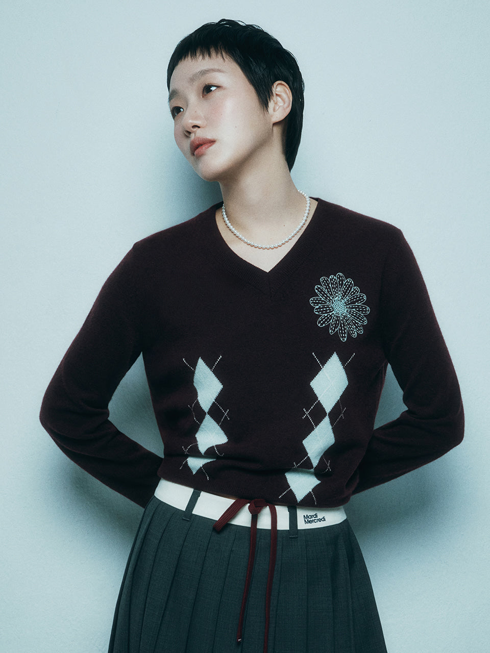 Mardi Mercredi - Cashmere Blended V Neck Argyle (Burgundy Mint) product image 1 | TRAB K-Fashion Australia