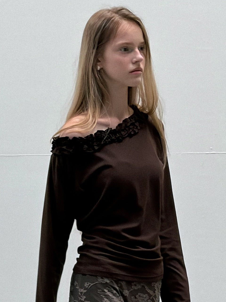 Margarin Fingers - Boat Neck Ruffle T-Shirt (Brown) product image 1 | TRAB K-Fashion Australia