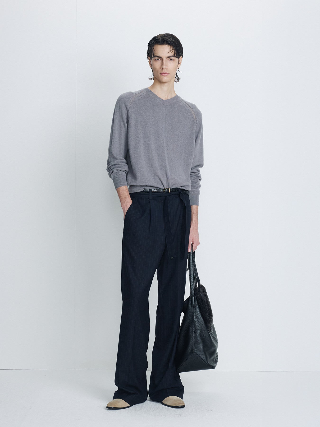 Tonywack - Pinstriped Wool Belted Trousers (Navy Pinstripe) product image 1 | TRAB K-Fashion Australia