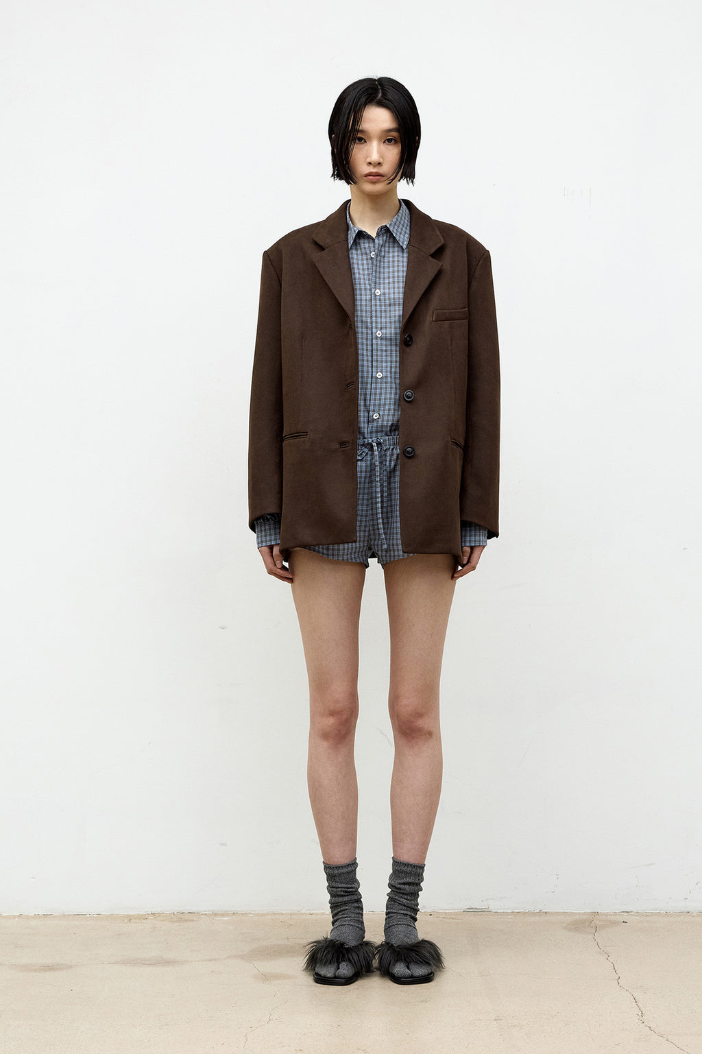 Coor - Fake Suede 3-Button Blazer (Dark Brown) product image 2 | TRAB K-Fashion Australia