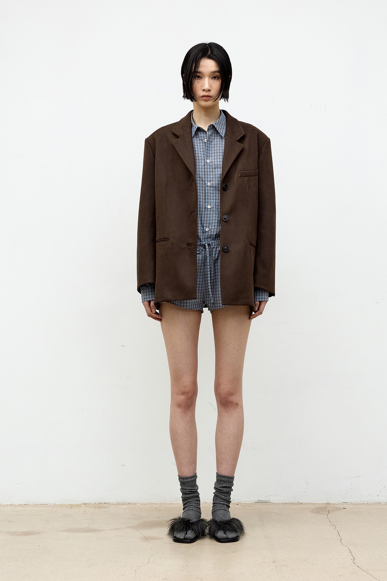 Coor - Fake Suede 3-Button Blazer (Dark Brown) product image 2 | TRAB K-Fashion Australia