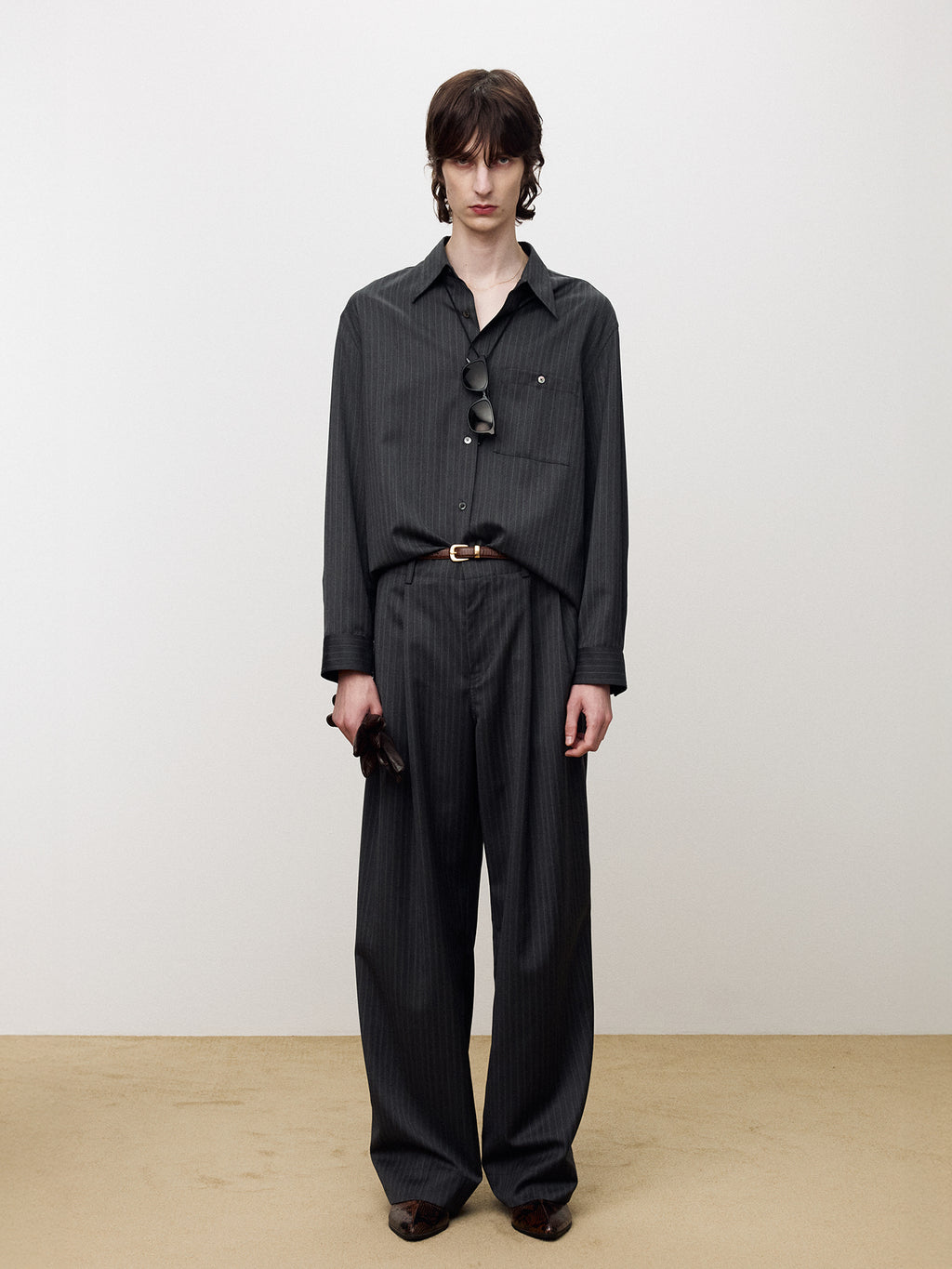 Tonywack - Striped Wool Double-Pleats Wide Trousers (Grey Pinstripe) product image 1 | TRAB K-Fashion Australia