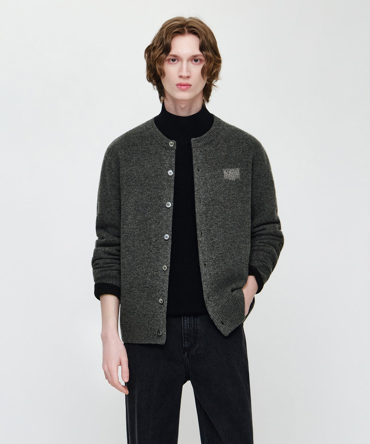 Marithe & Francois Girbaud - Premium Small Classic Logo Wool Round Neck Cardigan (Charcoal) product image 1 | TRAB K-Fashion Australia