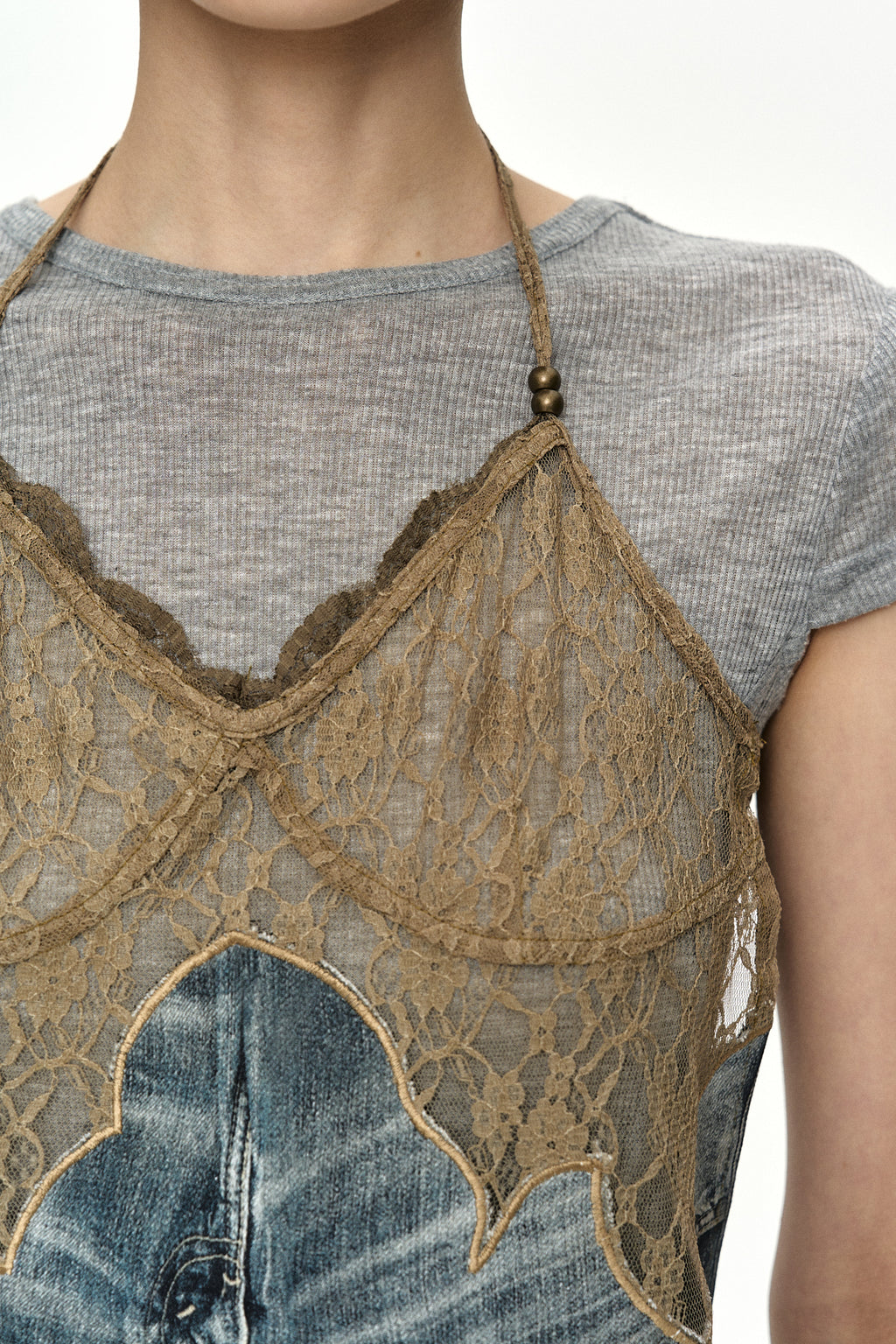 Andersson Bell - Belted Denim Printed Lace Bustier (Mid Blue/Khaki) product image 7 | TRAB K-Fashion Australia