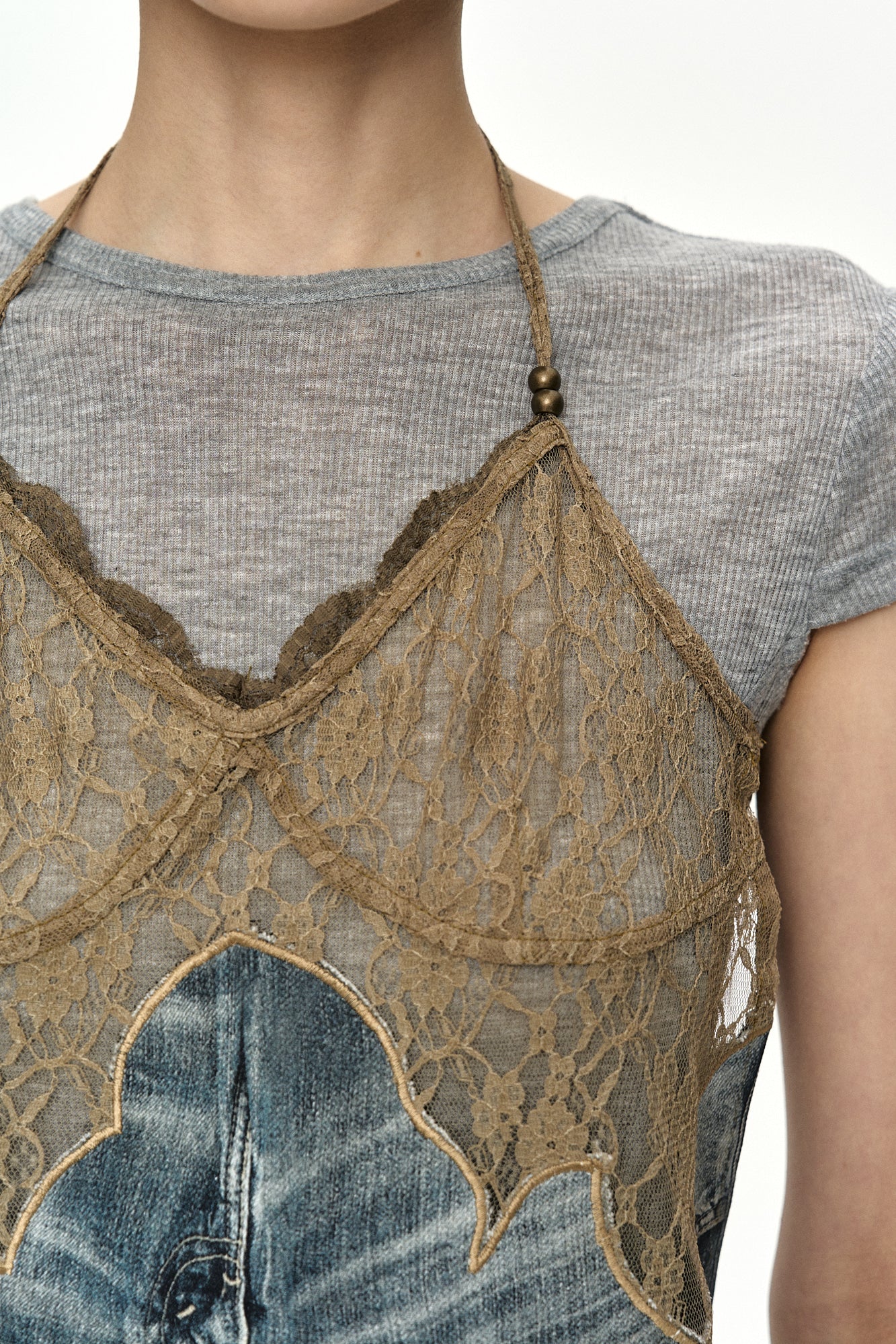 Andersson Bell - Belted Denim Printed Lace Bustier (Mid Blue/Khaki) product image 7 | TRAB K-Fashion Australia