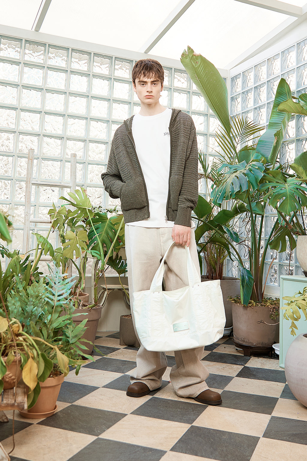 Matin Kim - Two Tone Mesh Knit Hoody Zip Up (Khaki) product image 18 | TRAB K-Fashion Australia