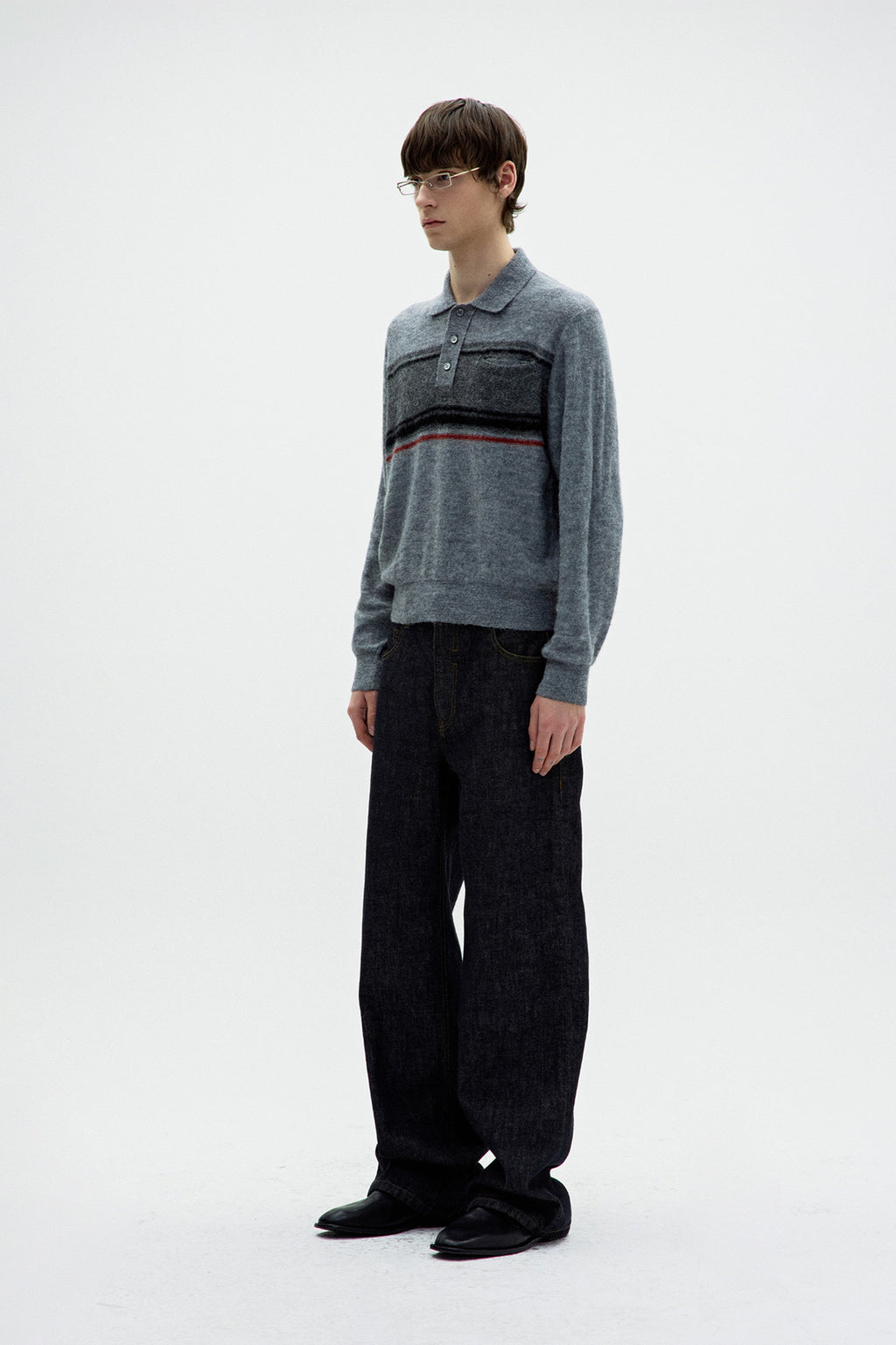 Coor - Alpaca Blend Striped Polo Sweater (Melange Gray) product image 3 | TRAB K-Fashion Australia