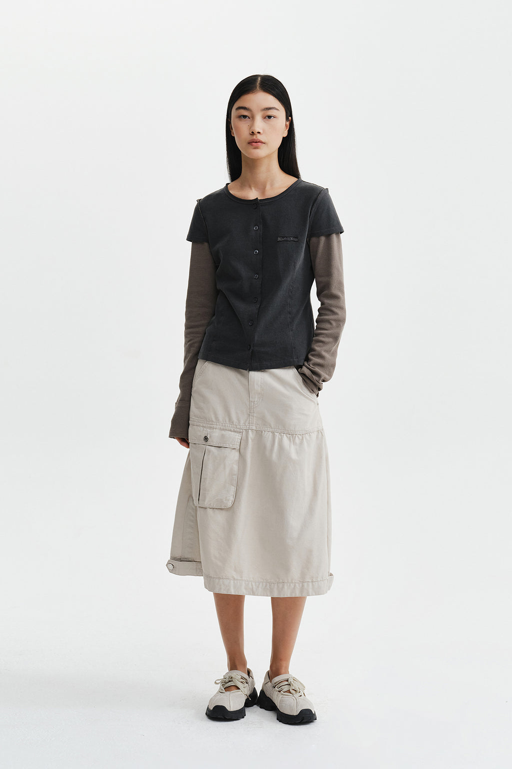 Matin Kim - Faded Color Block Layered Button Top (Charcoal) product image 10 | TRAB K-Fashion Australia