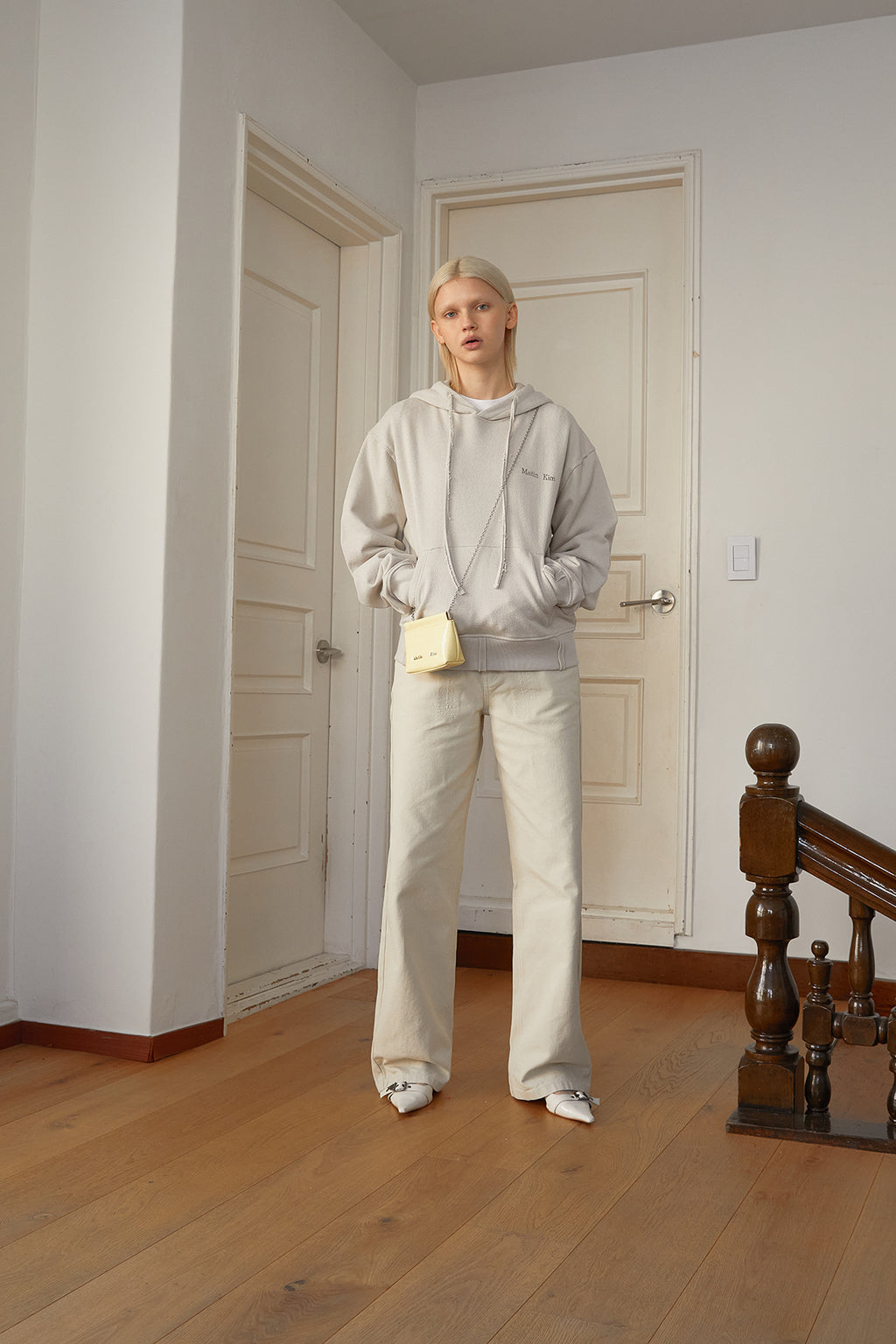 Matin Kim - Rib Cut Detail Logo Hoody (Beige) product image 9 | TRAB K-Fashion Australia