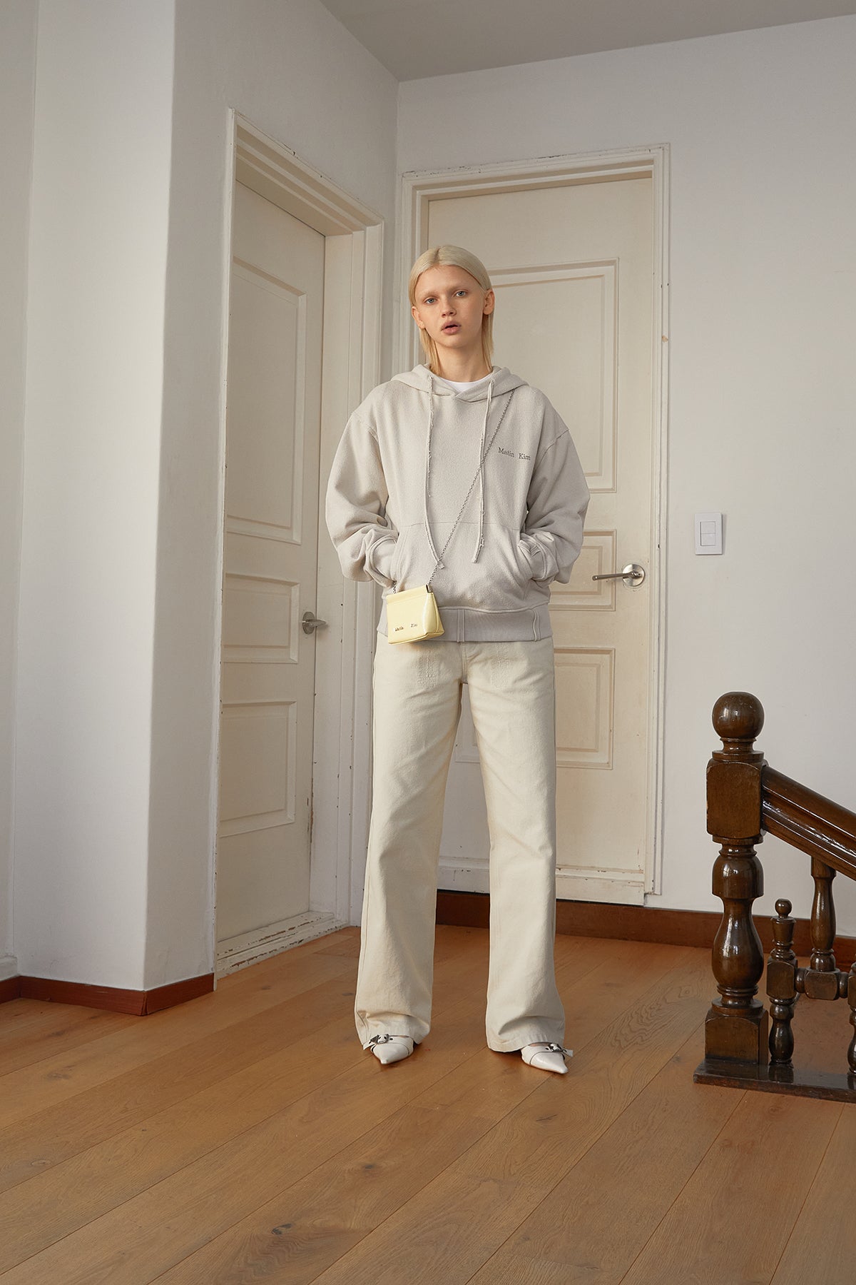 Matin Kim - Rib Cut Detail Logo Hoody (Beige) product image 9 | TRAB K-Fashion Australia