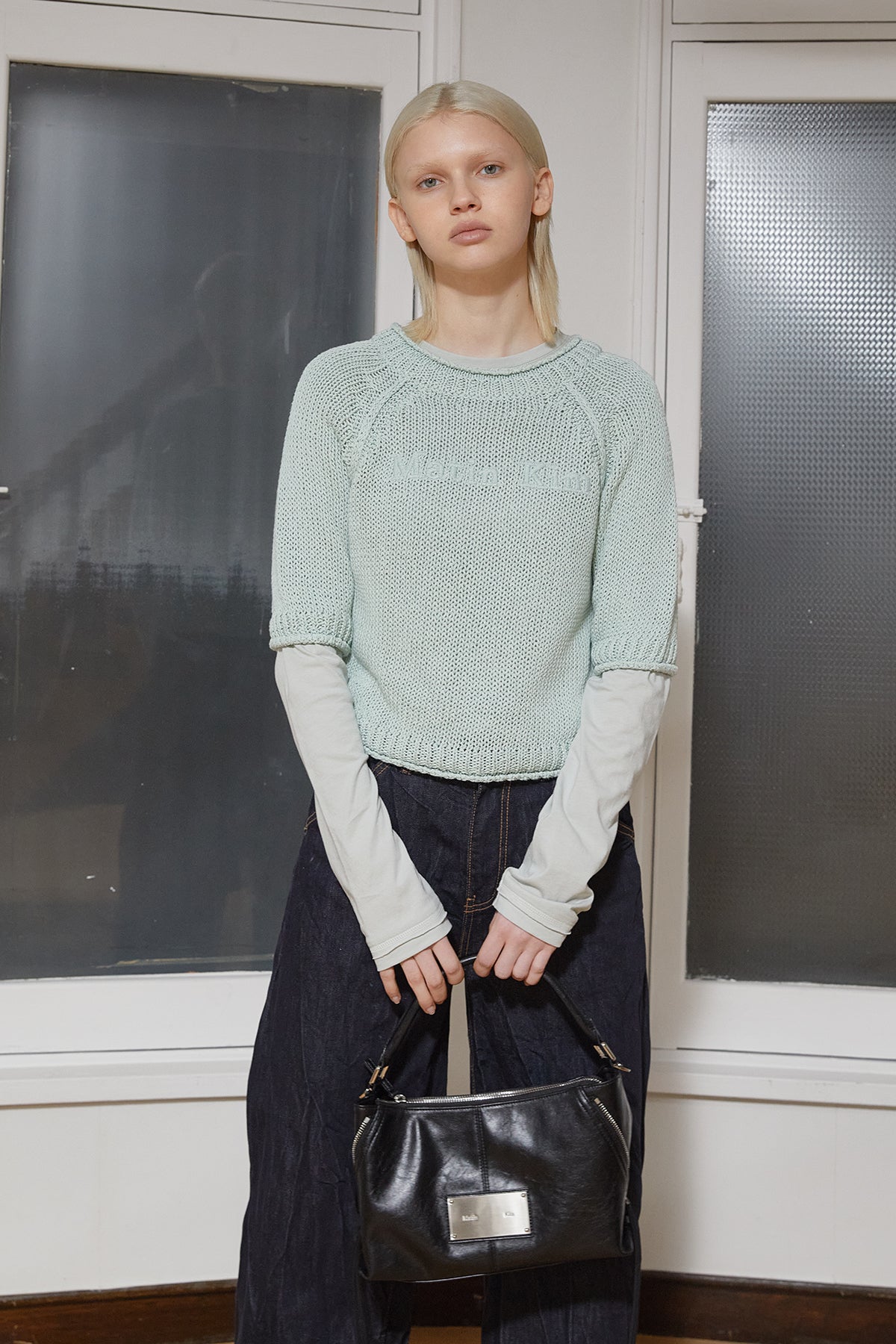 Matin Kim - Three Quarter Sleeve Logo Knit Pullover (Mint) product image 10 | TRAB K-Fashion Australia