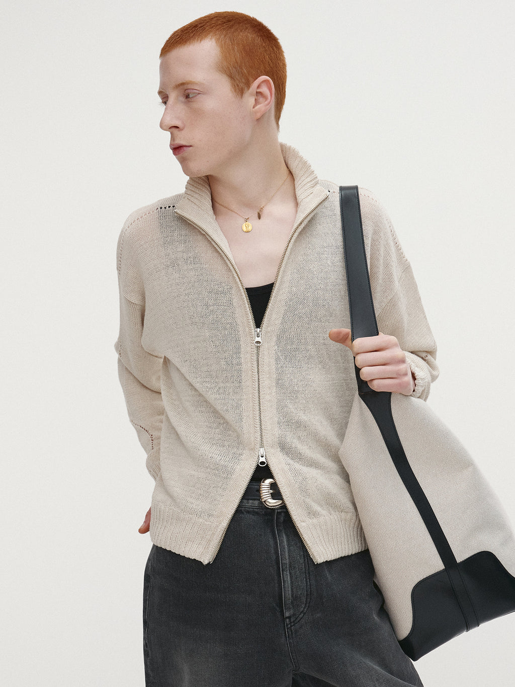 Tonywack - Linen Full Zip Knitted Jumper (Ivory) product image 1 | TRAB K-Fashion Australia