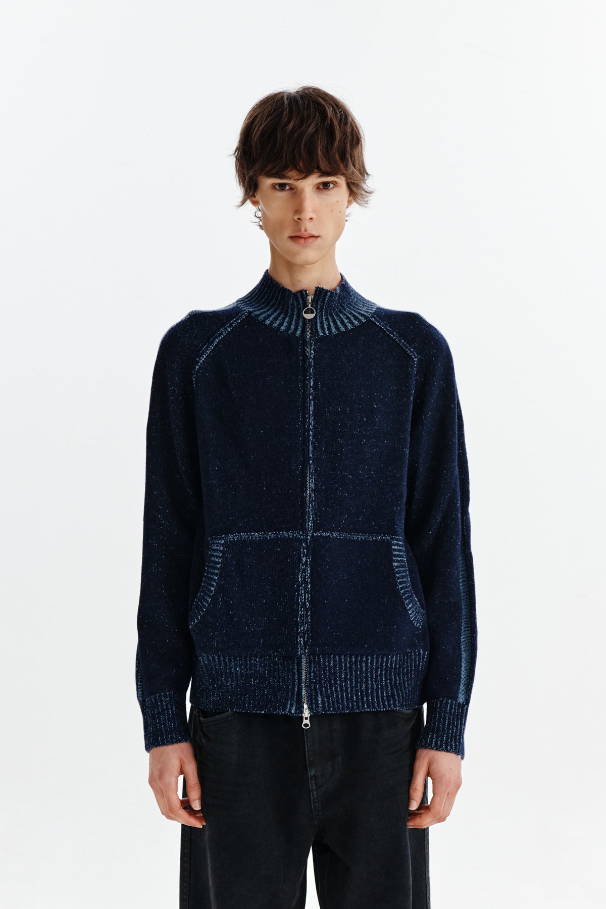 Matin Kim - Two Tone Mixed Knit Zip Up (Navy) product image 5 | TRAB K-Fashion Australia