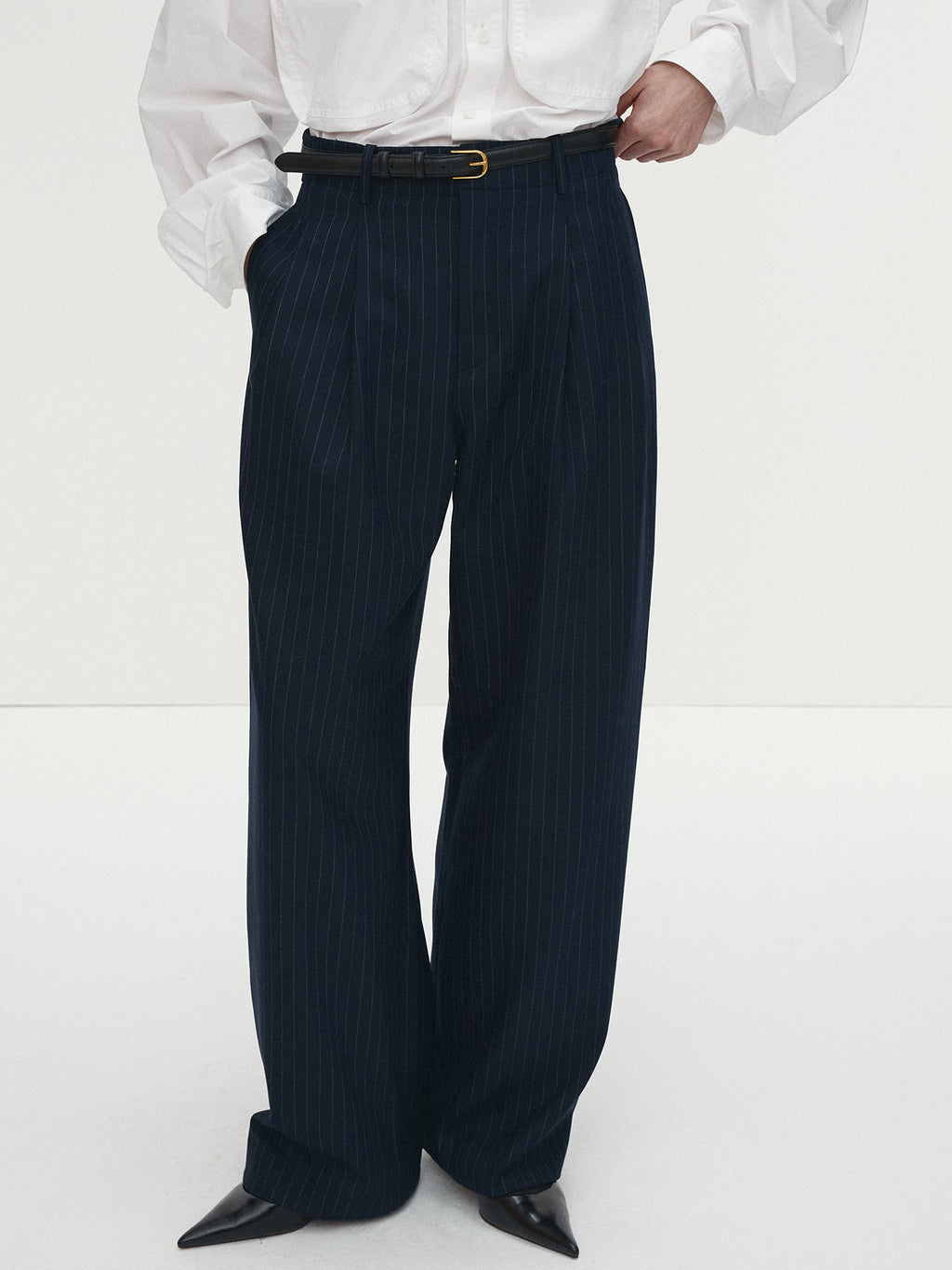 Tonywack - Striped Wool Double-Pleats Wide Trousers (Navy Pinstripe) product image 1 | TRAB K-Fashion Australia