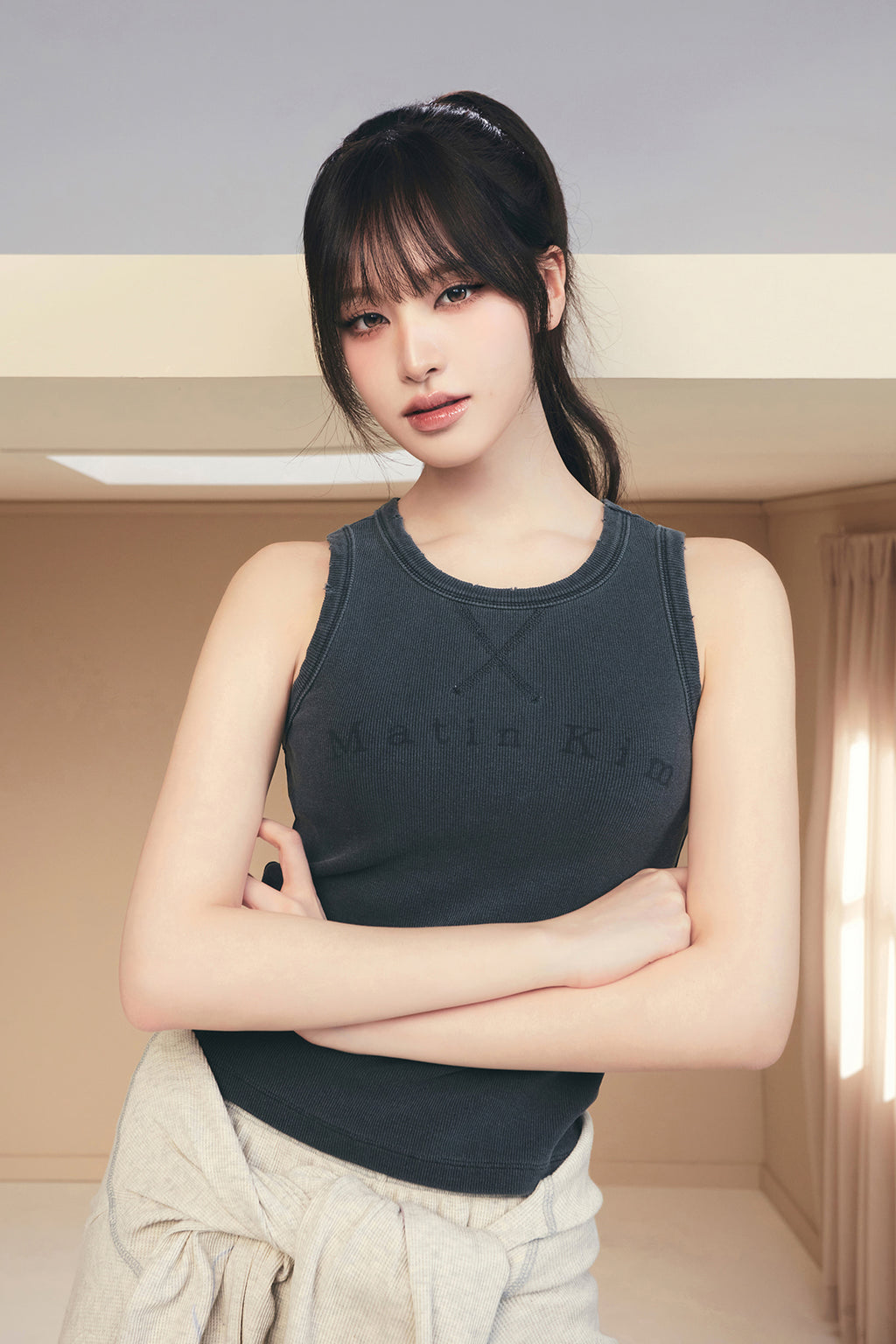 Matin Kim - Distressed Sleeveless Logo Top (Charcoal) product image 1 | TRAB K-Fashion Australia