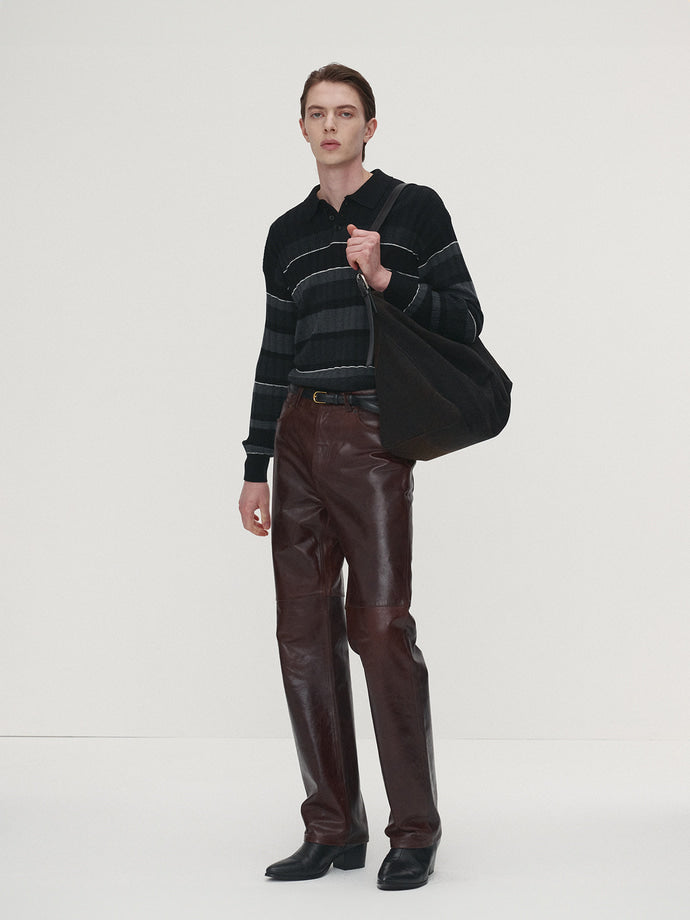 Tonywack - Super Fine Wool Ribbed Stripe Polo Knit (Black/Grey) product image 1 | TRAB K-Fashion Australia