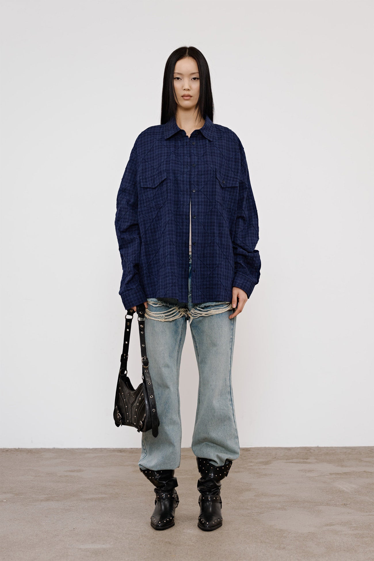Deinet - Double Checkered Overfit Shirt (Navy) product image 1 | TRAB K-Fashion Australia