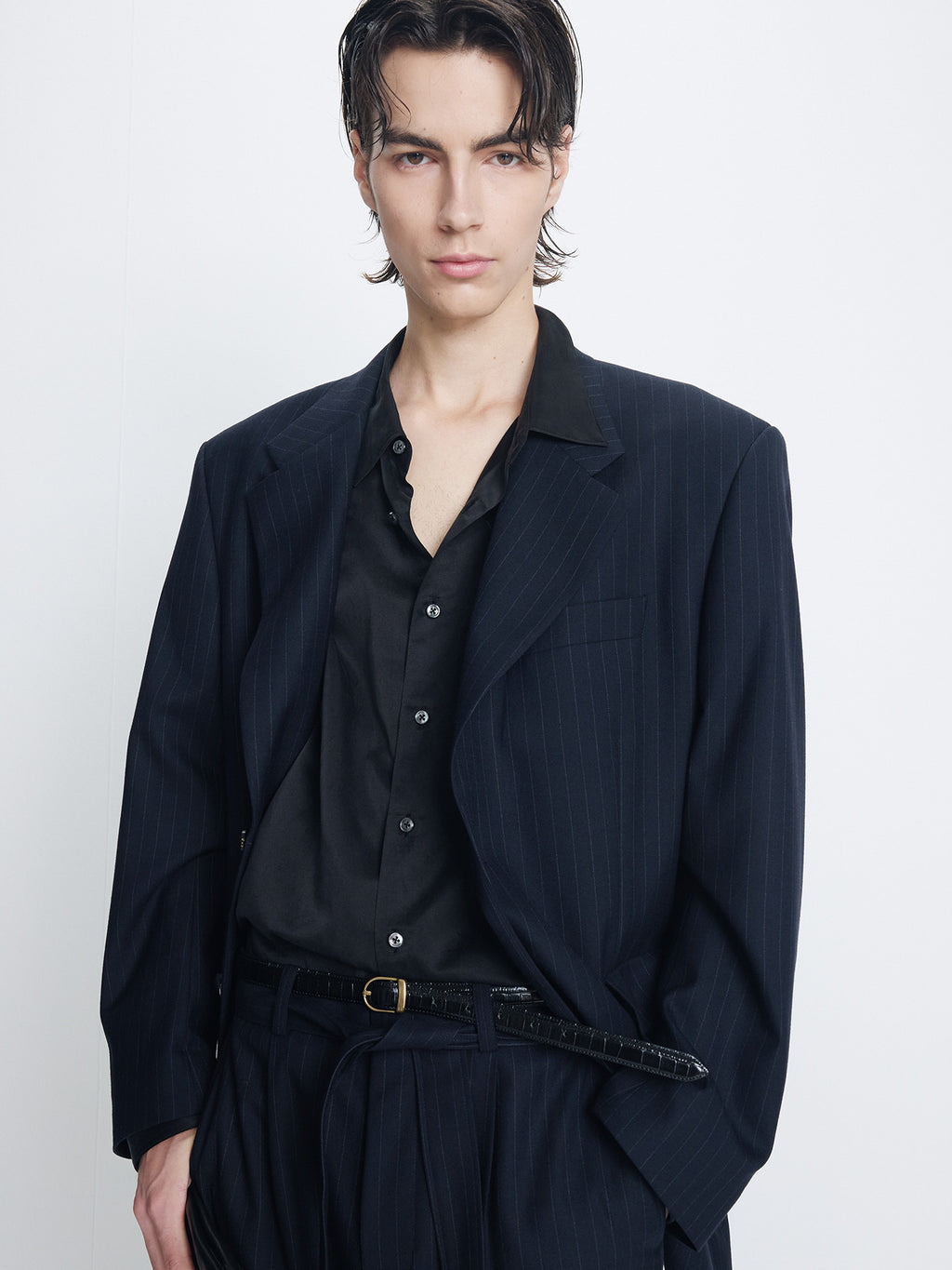 Tonywack - Pinstriped Wool Blend Relaxed Tailored Jacket (Navy Pinstripe) product image 4 | TRAB K-Fashion Australia