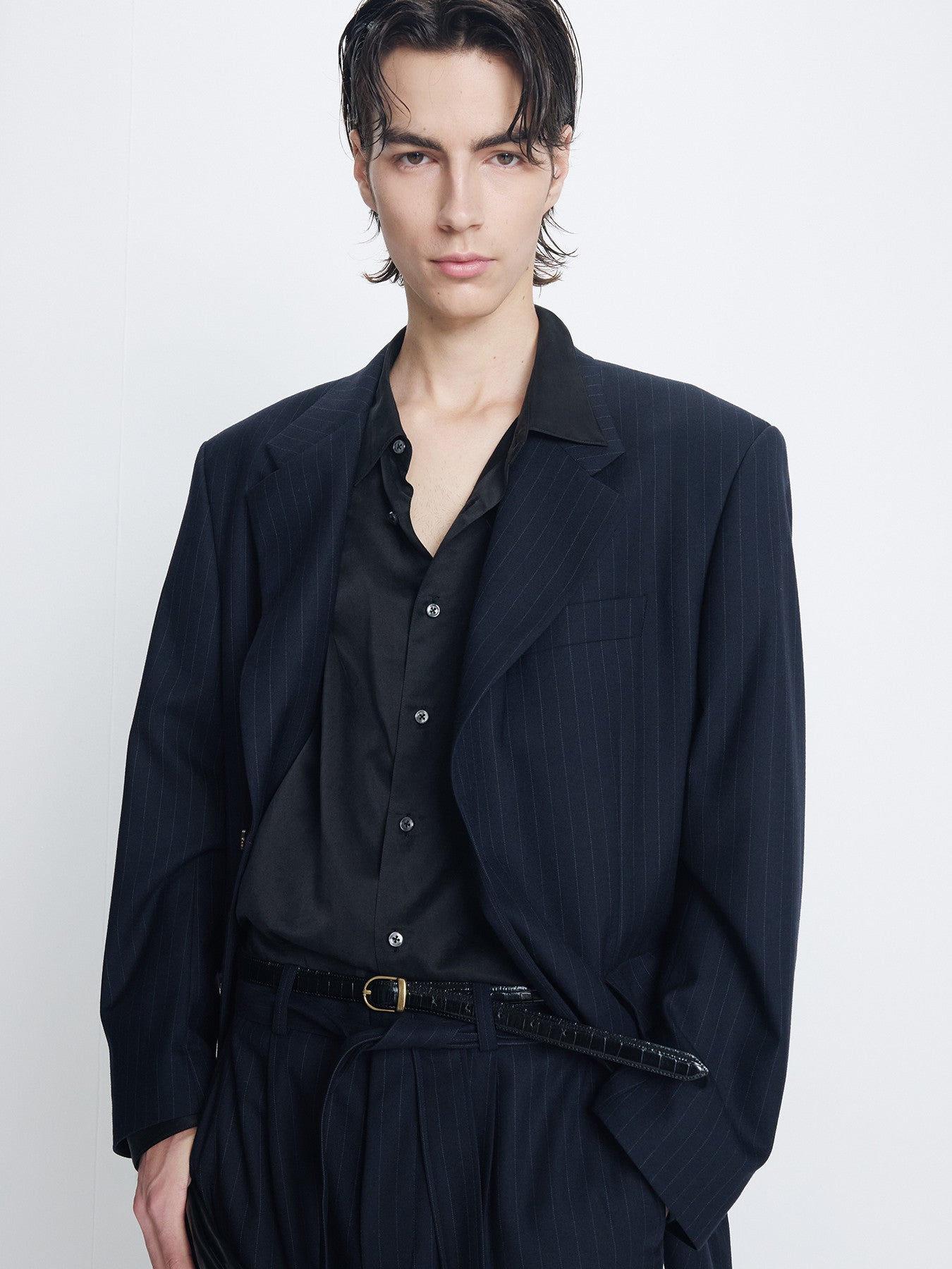 Tonywack - Pinstriped Wool Blend Relaxed Tailored Jacket (Navy Pinstripe) product image 4 | TRAB K-Fashion Australia