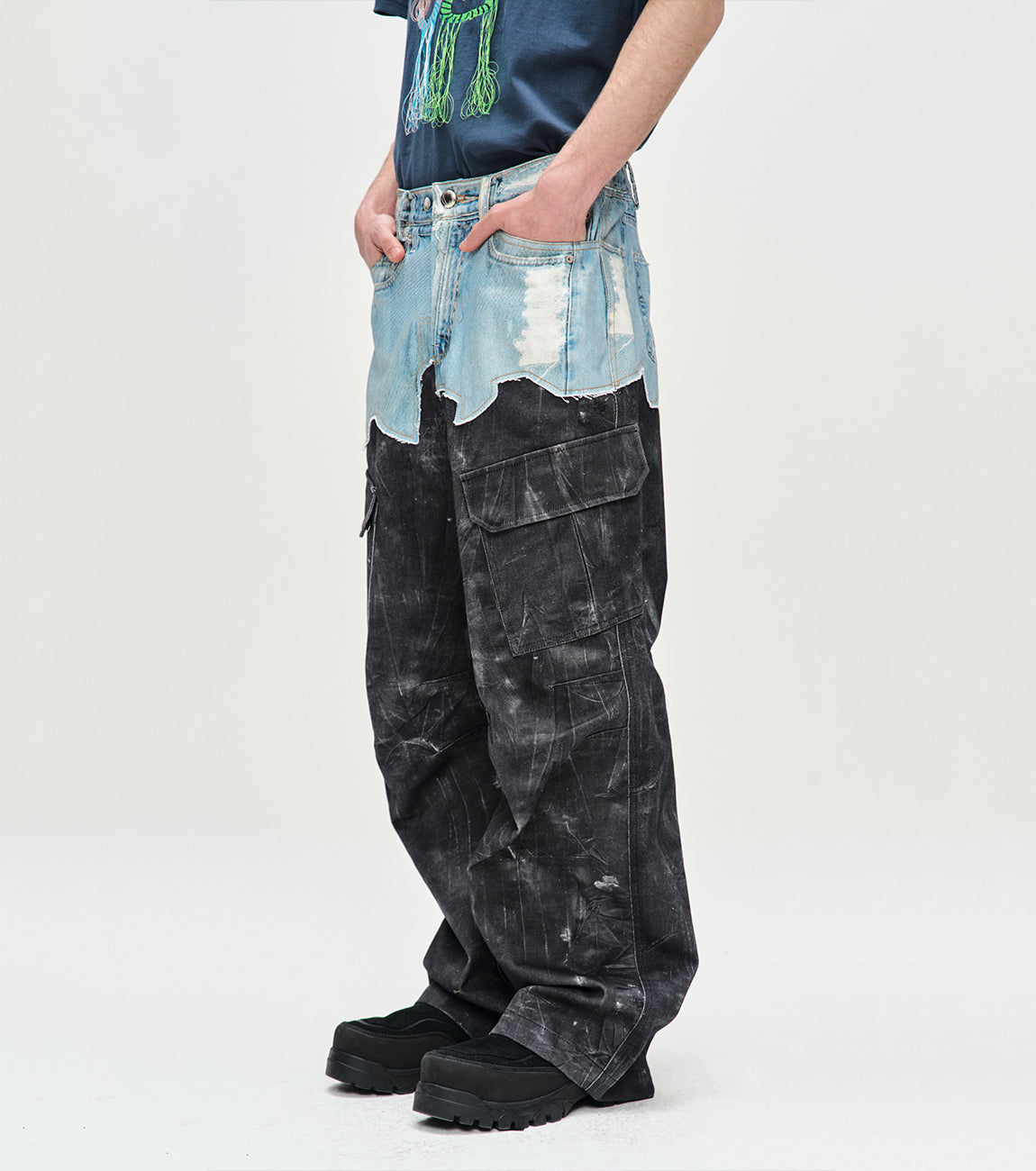 Andersson Bell - Faux-Denim & Scratch Leather Printed Cargo-Pants (Denim/Black) product image 5 | TRAB K-Fashion Australia