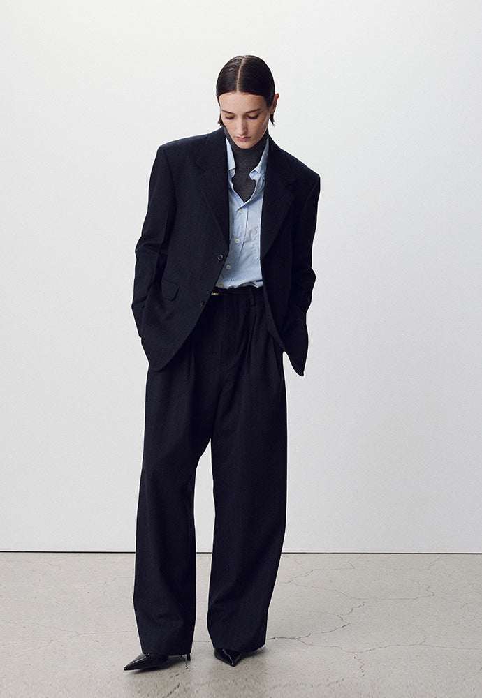 Tonywack - Virgin Wool Double-Pleats Wide Trousers (Navy Pinstripe) product image 2 | TRAB K-Fashion Australia