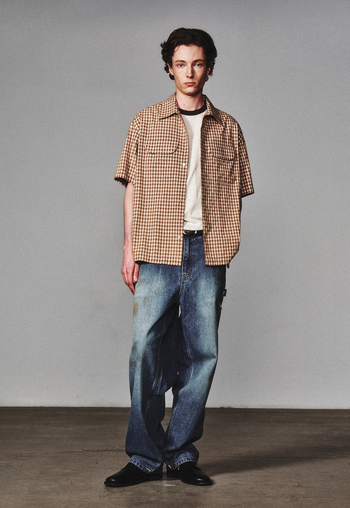 Art if acts - Open Collar Check Half Shirt (Tan) product image 1 | TRAB K-Fashion Australia