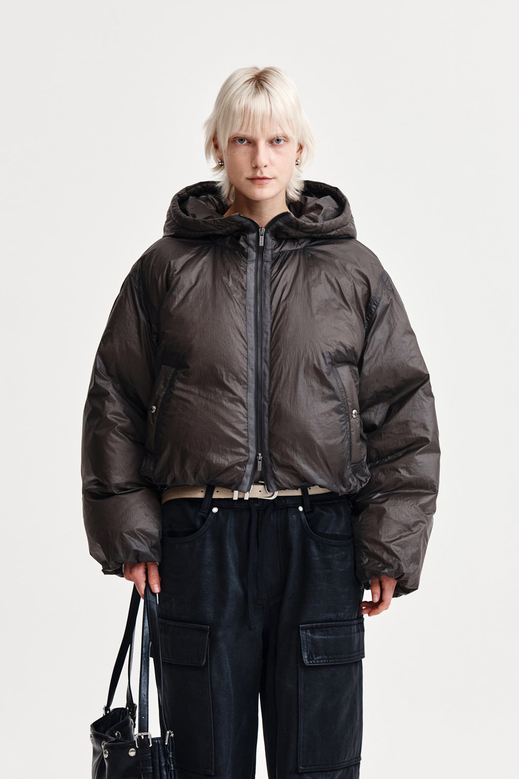 Matin Kim - Back Logo Hoody Short Down Jumper (Charcoal) product image 1 | TRAB K-Fashion Australia