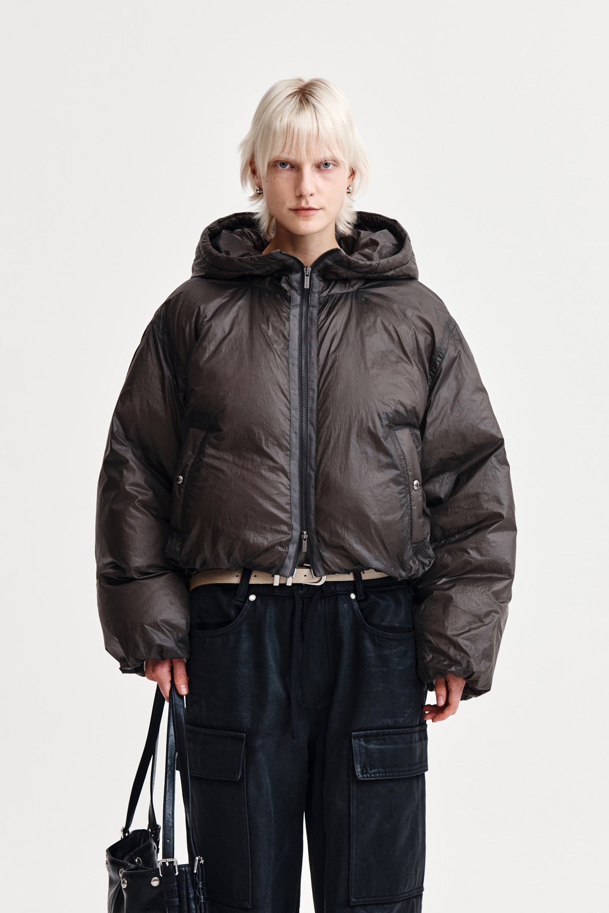 Matin Kim - Back Logo Hoody Short Down Jumper (Charcoal) product image 1 | TRAB K-Fashion Australia