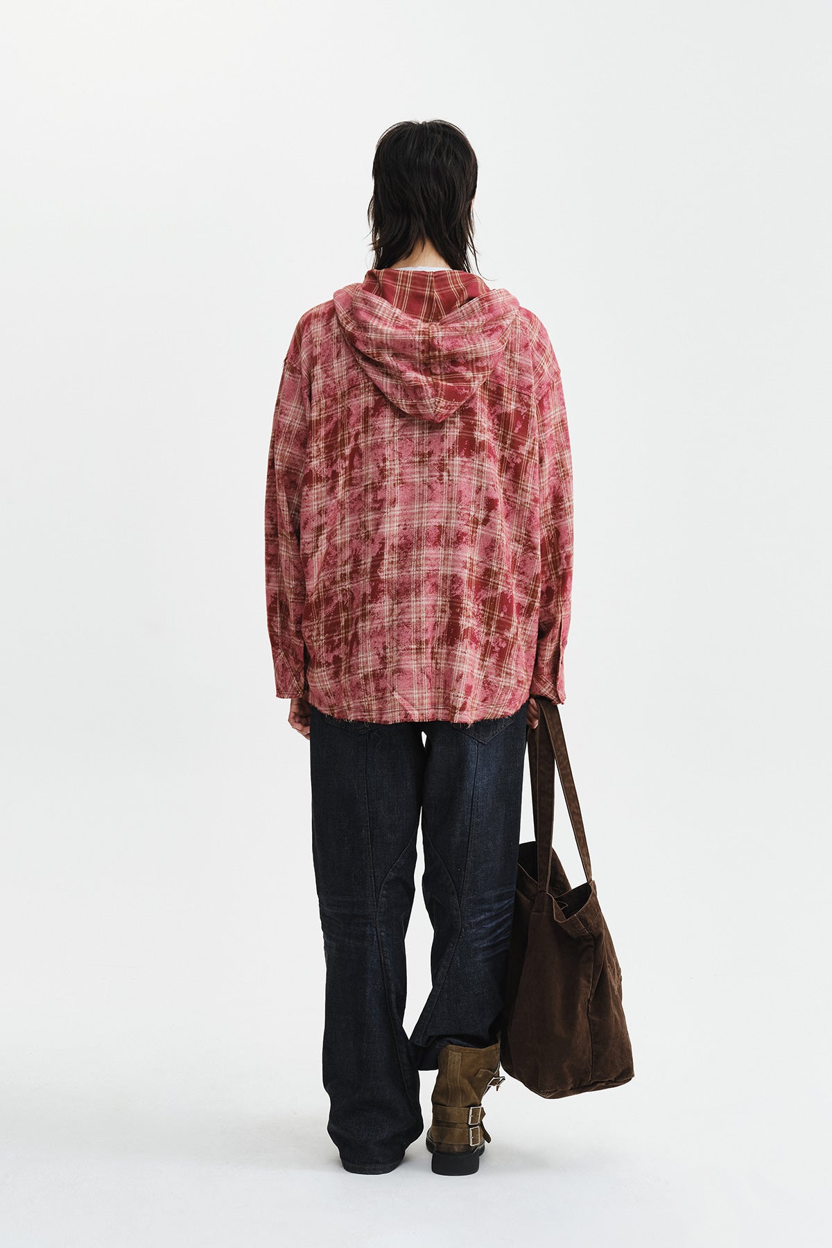 Matin Kim - Raw Cut Check Hooded Shirt (Red) product image 9 | TRAB K-Fashion Australia