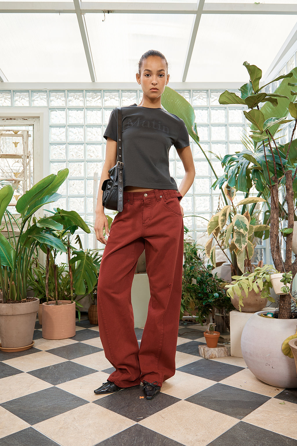 Matin Kim - Waist Buckle Curved Dying Denim Pants (Red) product image 12 | TRAB K-Fashion Australia