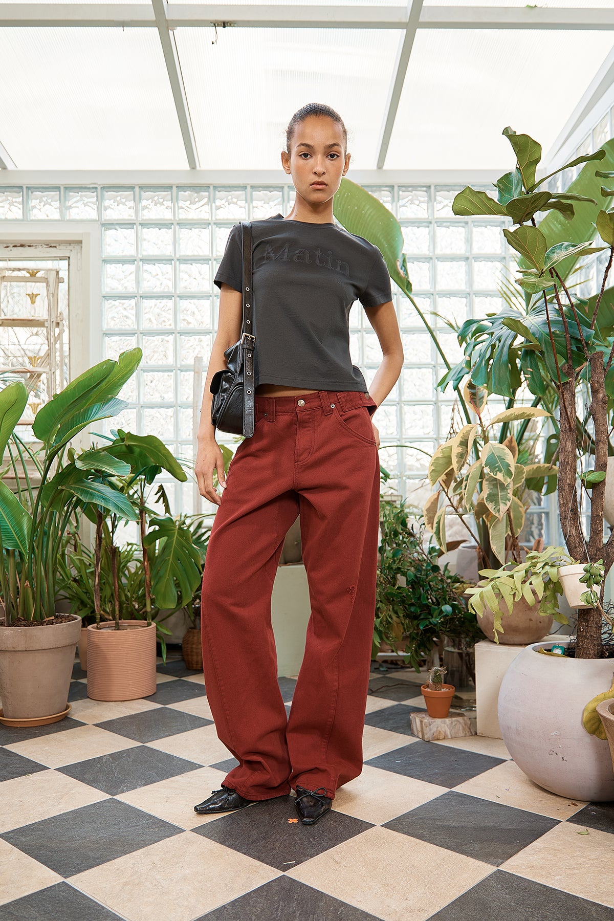 Matin Kim - Waist Buckle Curved Dying Denim Pants (Red) product image 12 | TRAB K-Fashion Australia