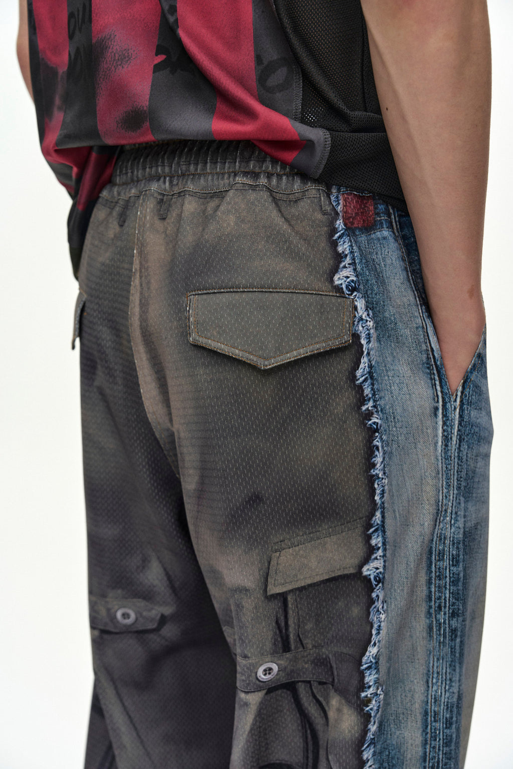 Andersson Bell - [Pre-Order – Ships September 7] Denim & Cargo Trompe L'oeil Mesh Pants (Mid Blue/Khaki) product image 8 | TRAB K-Fashion Australia