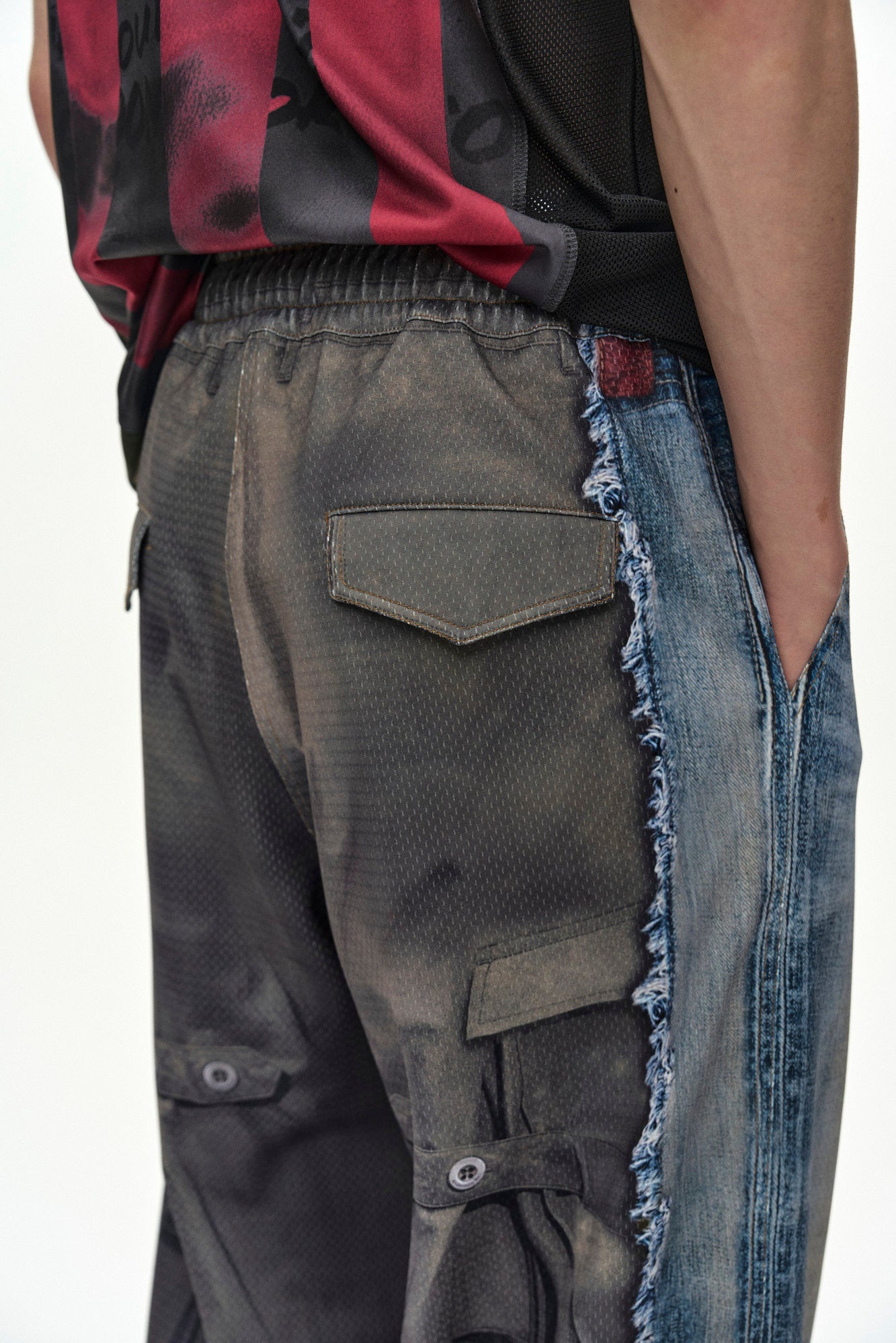 Andersson Bell - [Pre-Order – Ships September 7] Denim & Cargo Trompe L'oeil Mesh Pants (Mid Blue/Khaki) product image 8 | TRAB K-Fashion Australia