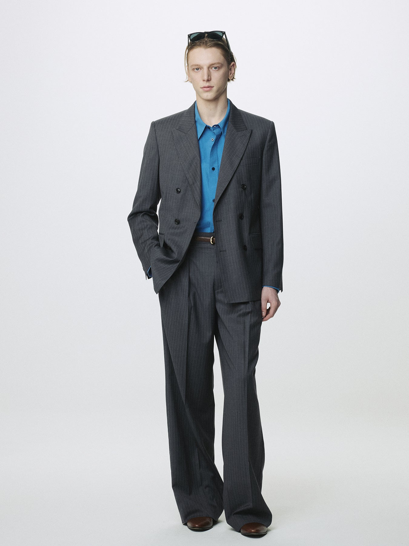 Tonywack - Striped Wool Double-Pleated Wide Trousers (Grey Stripe) product image 2 | TRAB K-Fashion Australia