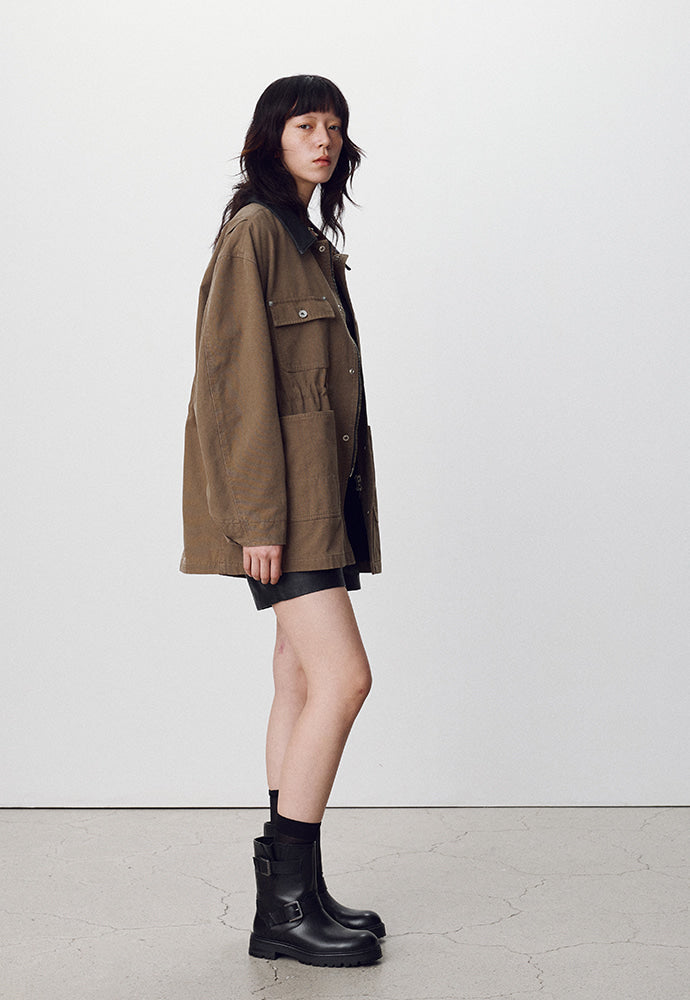 Tonywack - Leather Collar Garment-Washed Utility Jacket (Faded Olive) product image 3 | TRAB K-Fashion Australia