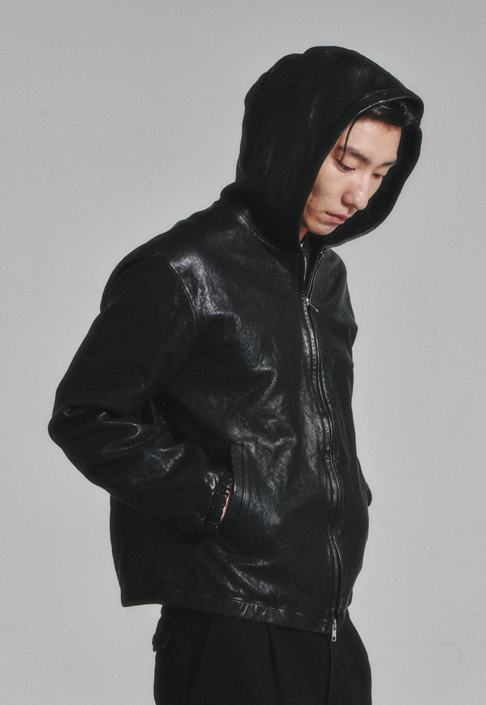 Art if acts - Washed Leather Hooded Zip-up Jacket (Black) product image 1 | TRAB K-Fashion Australia