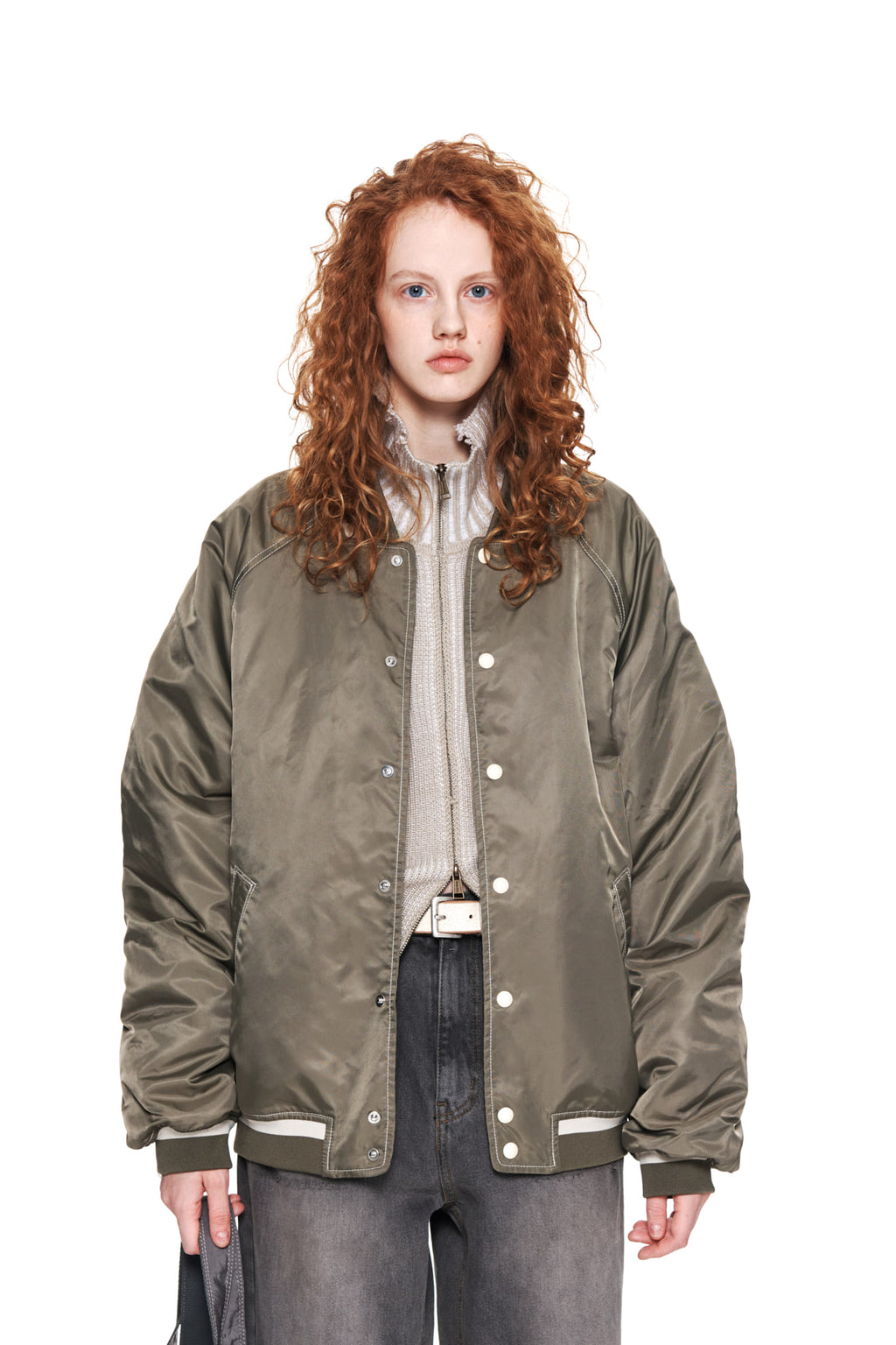 Matin Kim - Raglan Stitch Varsity Jumper (Khaki) product image 5 | TRAB K-Fashion Australia