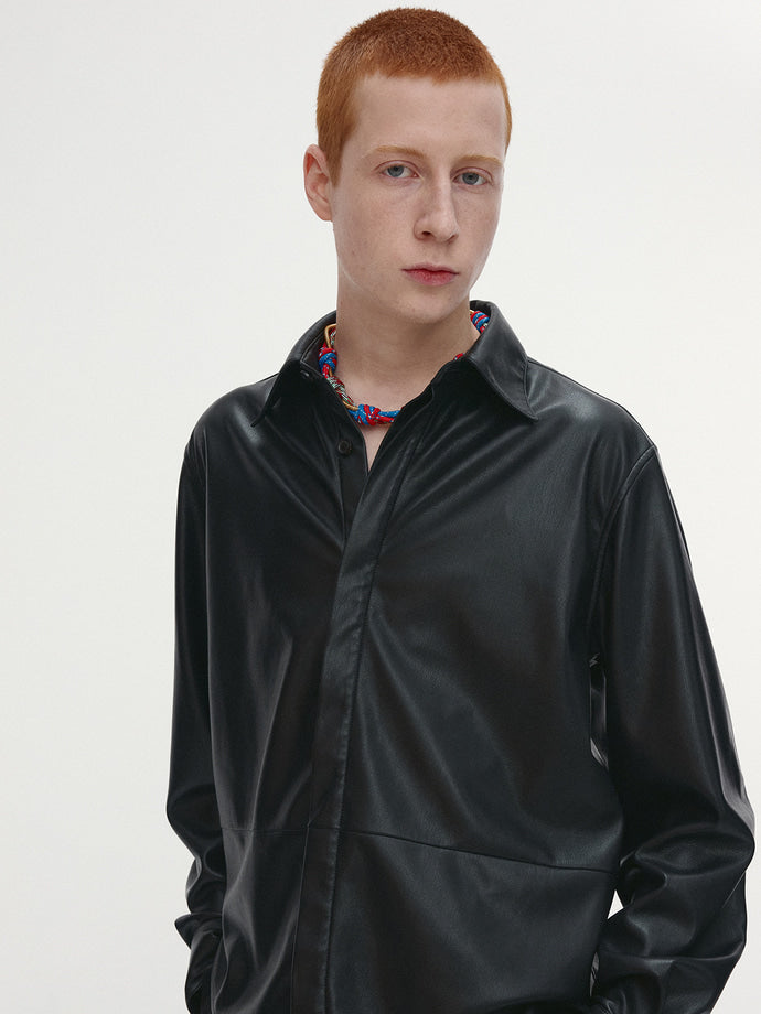 Tonywack - Faux Leather Hidden Button Shirt Italian Fabric (Black) product image 3 | TRAB K-Fashion Australia